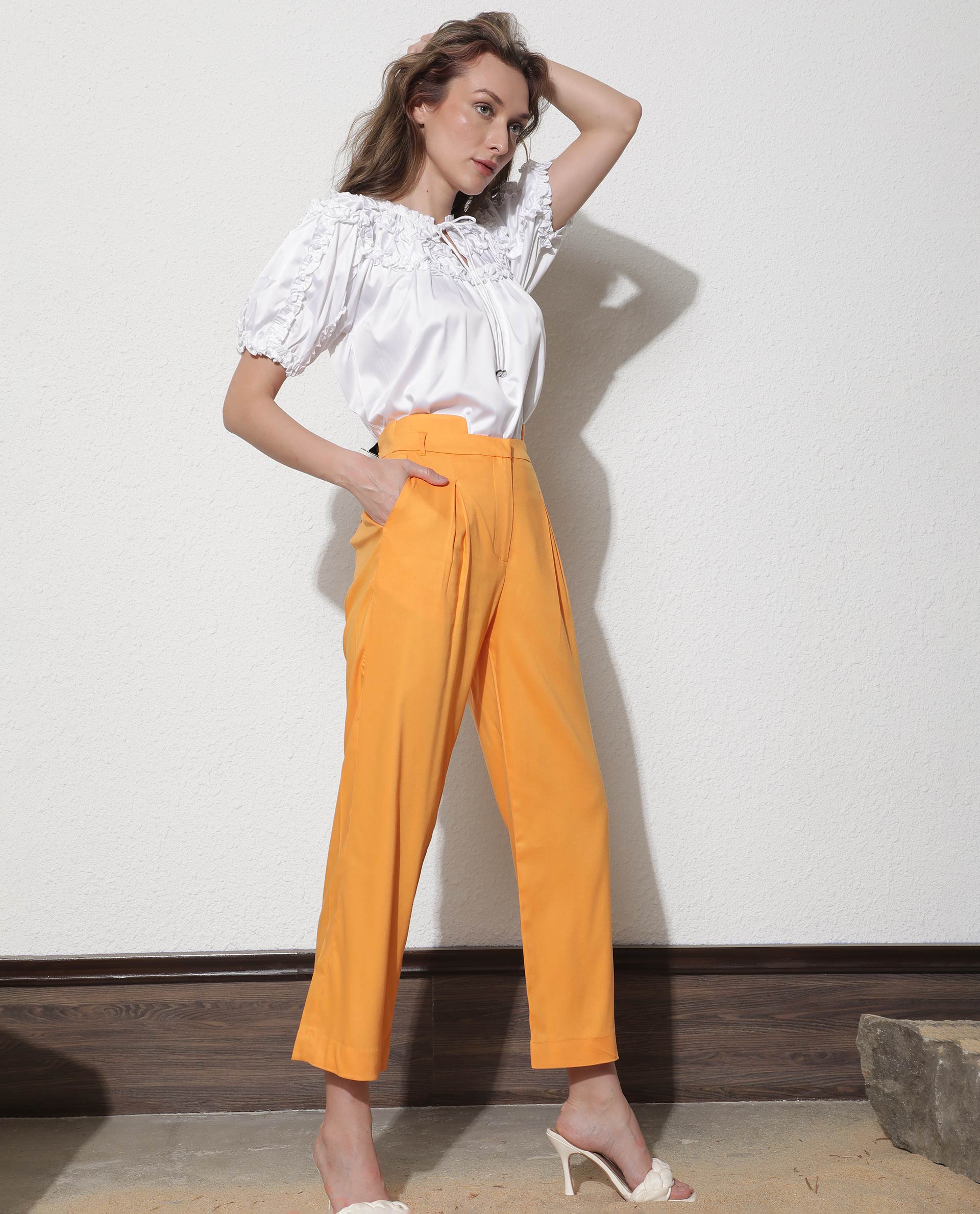 Rareism Women's Evanova Mustard Viscose Plain Ankle Length Regular Fit Trouser