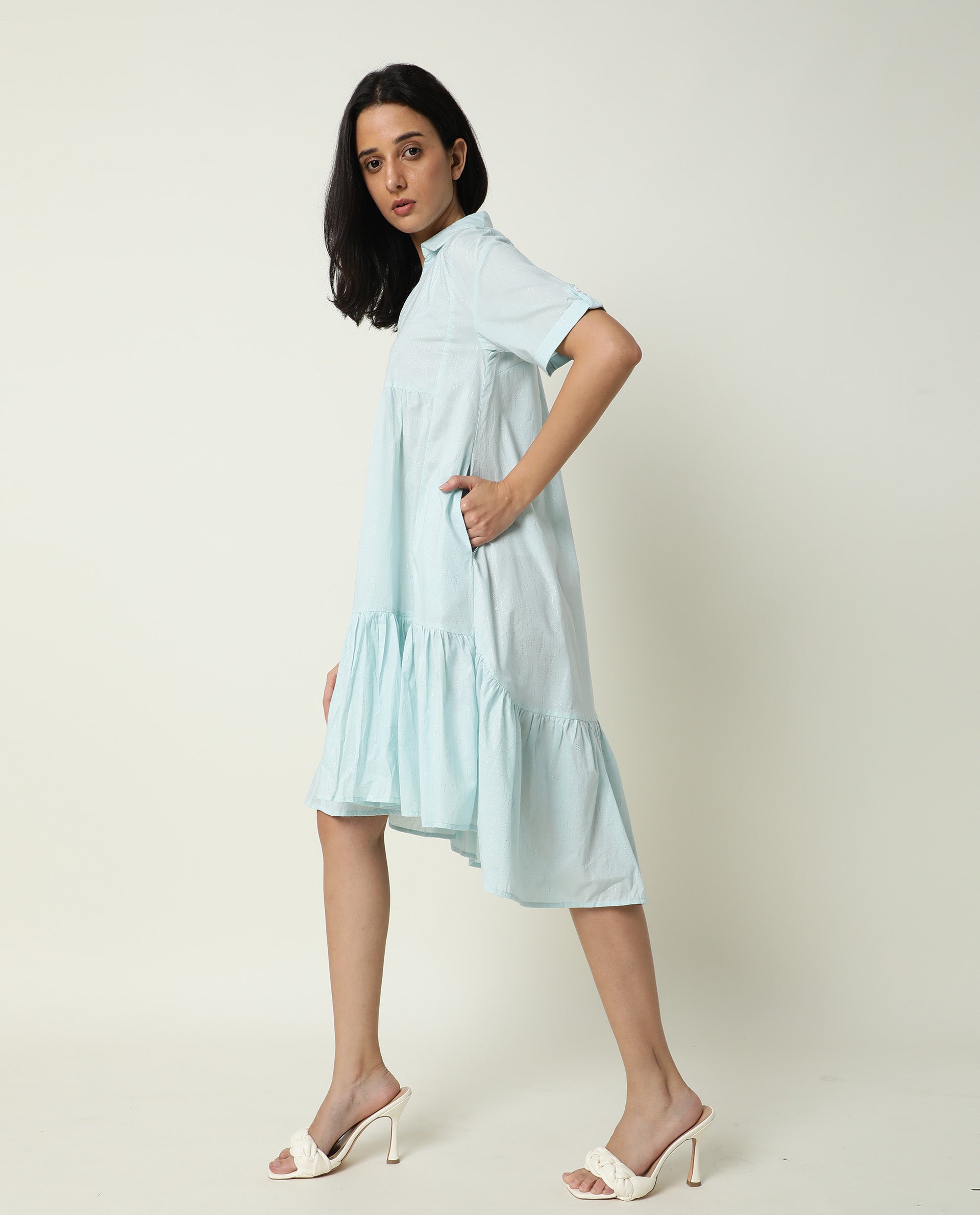 Rareism Women Loaf Light Turq Collared Neck Short Sleeves With Pocket Tiered Knee Length Dress