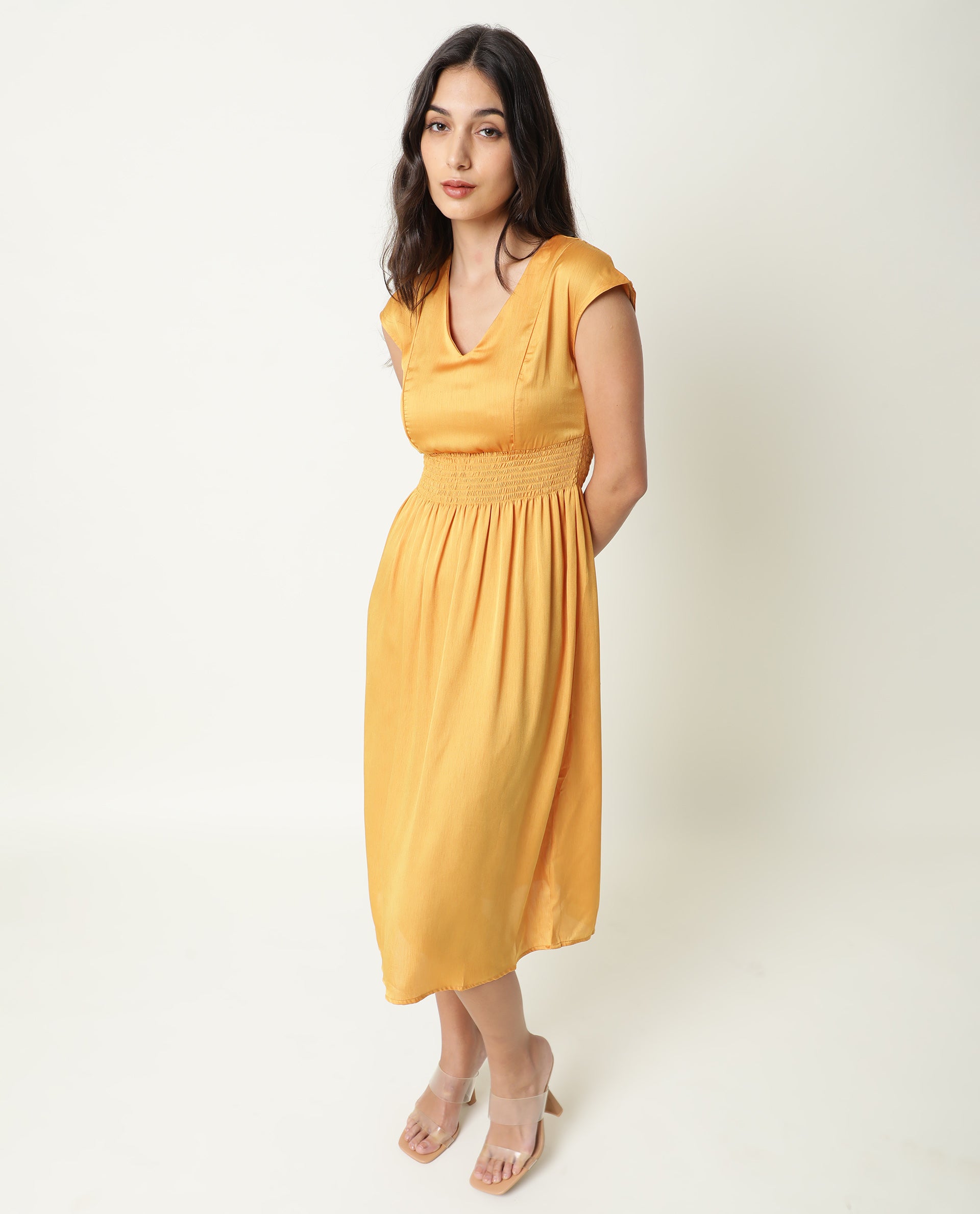 Rareism Women Milux Mustard V Neck Calf Sleeves Smocked Elastic Waist Belt Knee Length Dress
