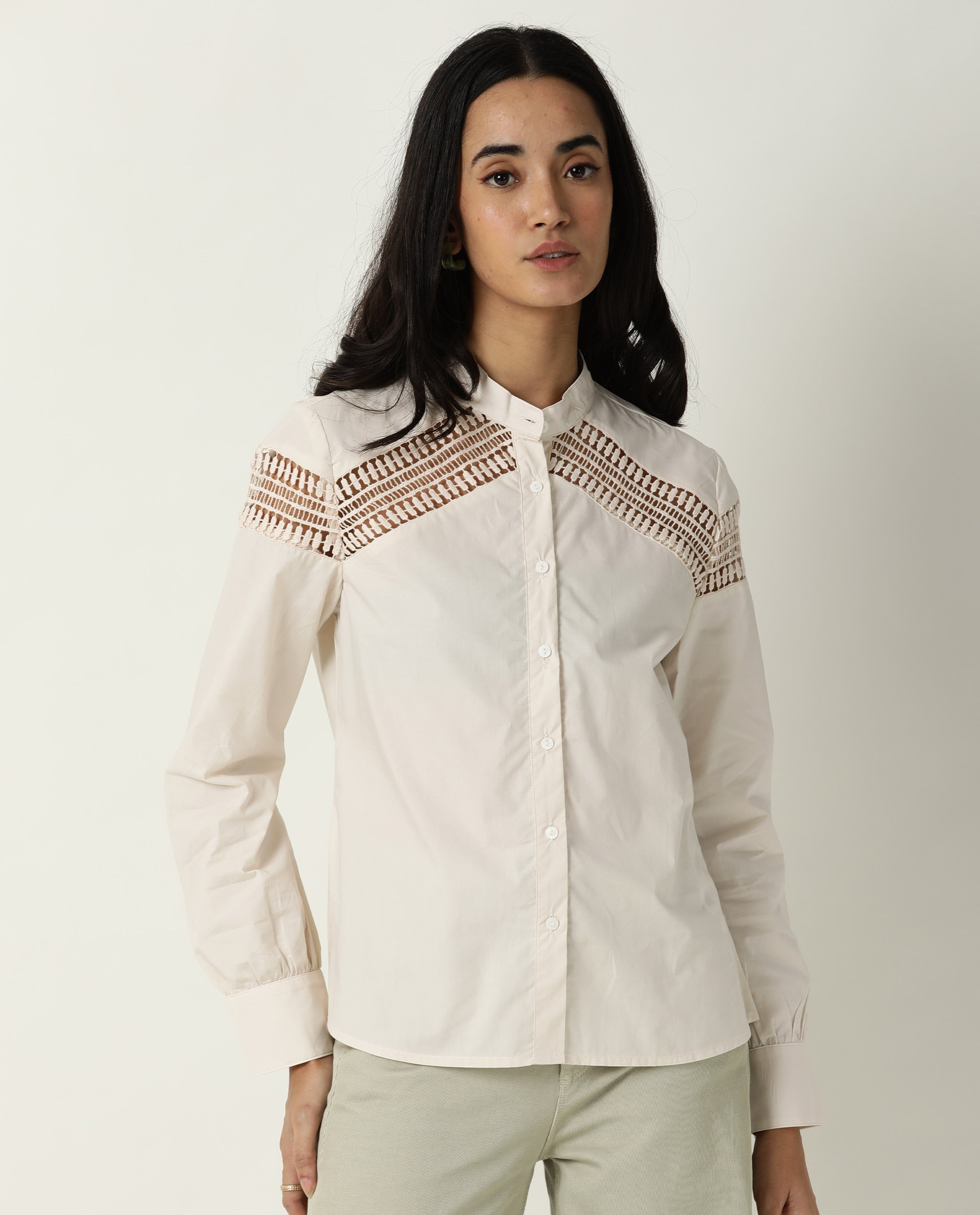 Rareism Women Zoom Pastel Beige Cotton Fabric Regular Fit Mandarin Collar Full Sleeves Solid Top