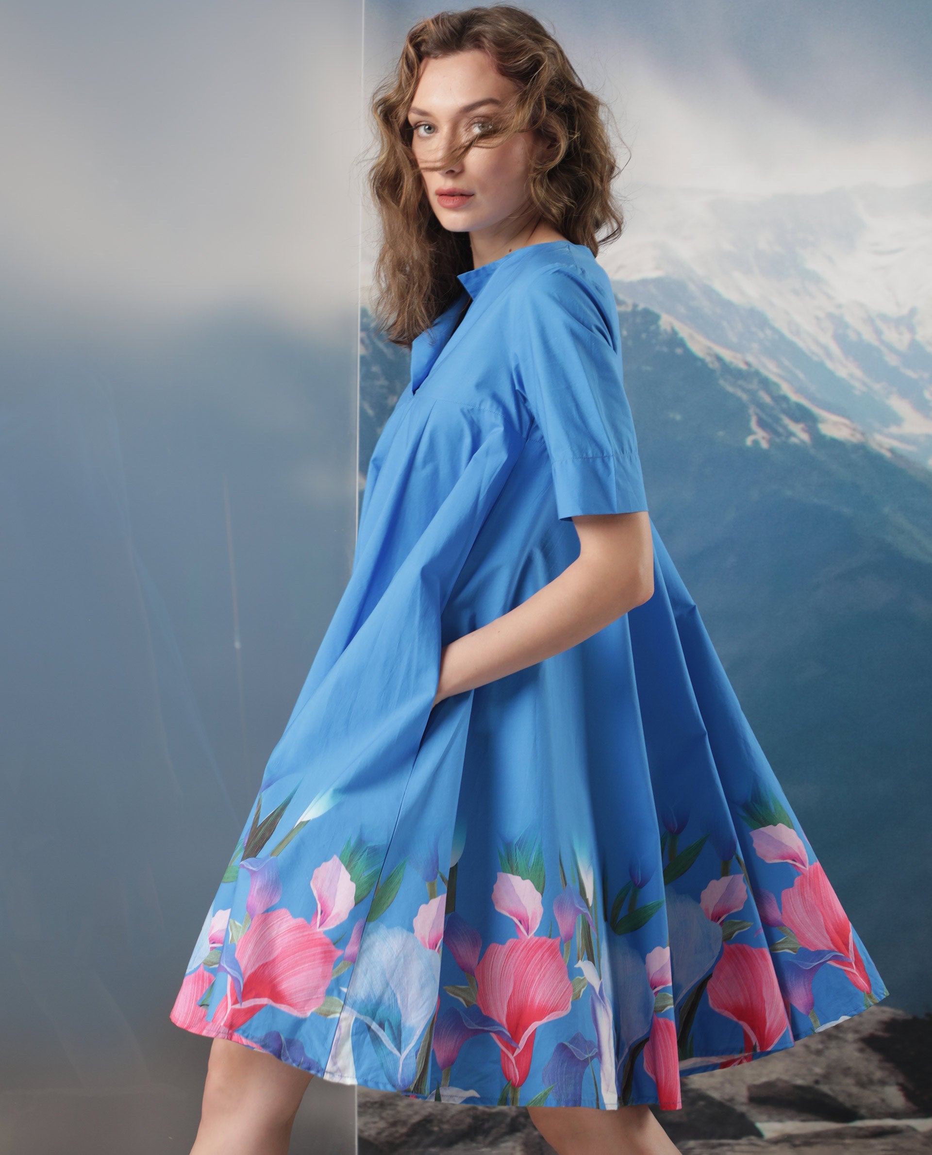 Rareism Women Xender Blue Floral Print Overlap Lapel Collar Half Sleeves With Pockets Flared Mini Dress