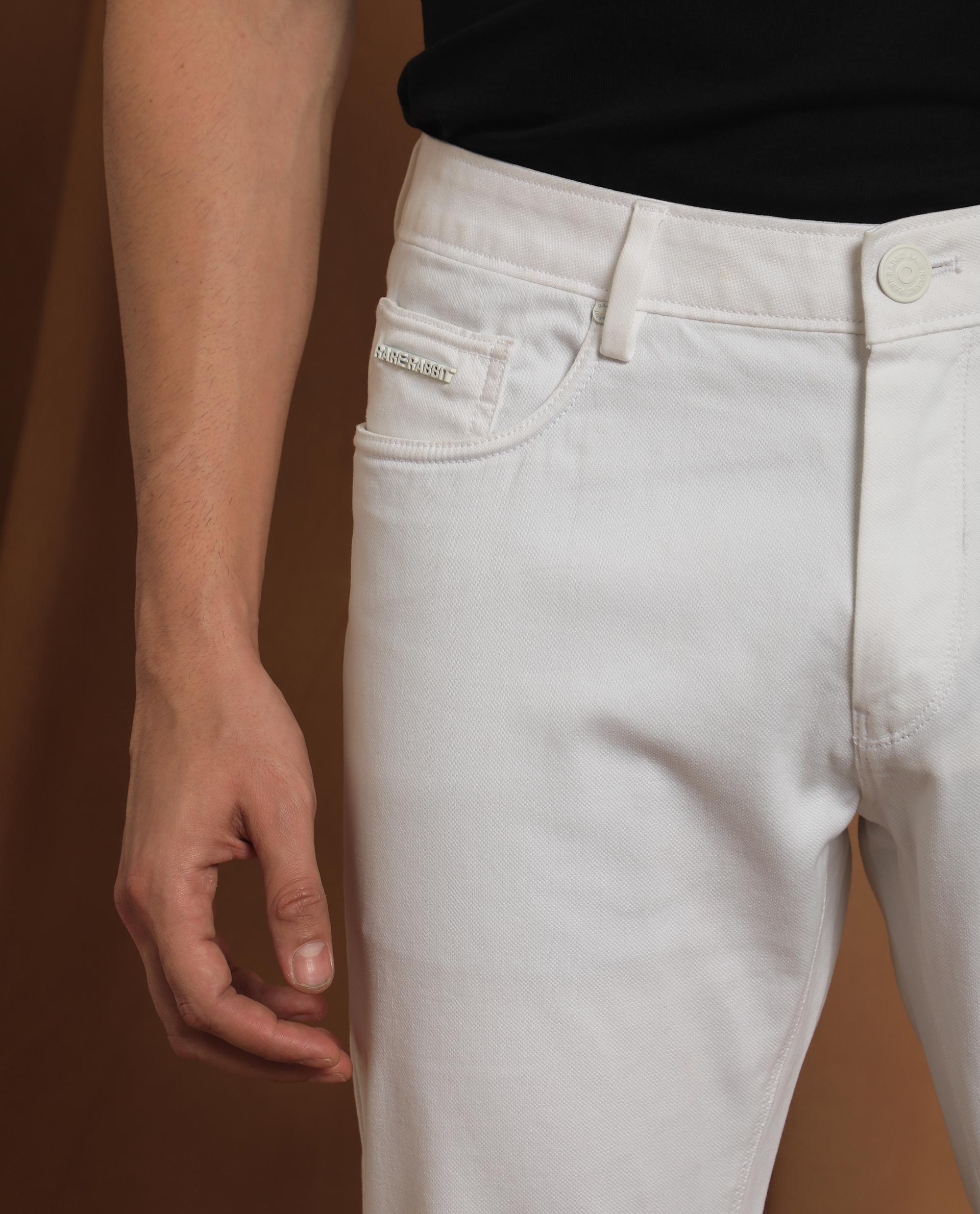 Rare Rabbit Men's Spoke-22 White Solid Mid-Rise Regular Fit Trouser