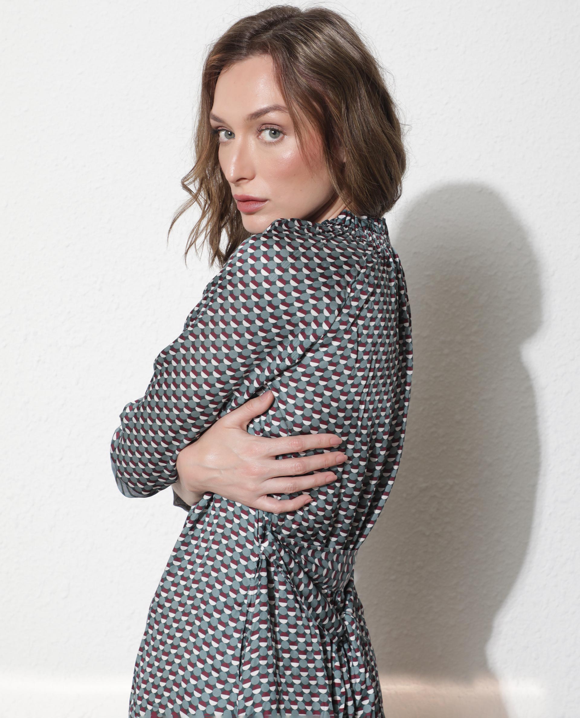 Rareism Women Nadia Multi Shirt Collar Half Sleeves Front Button Placket And Tie Up Midi Dress