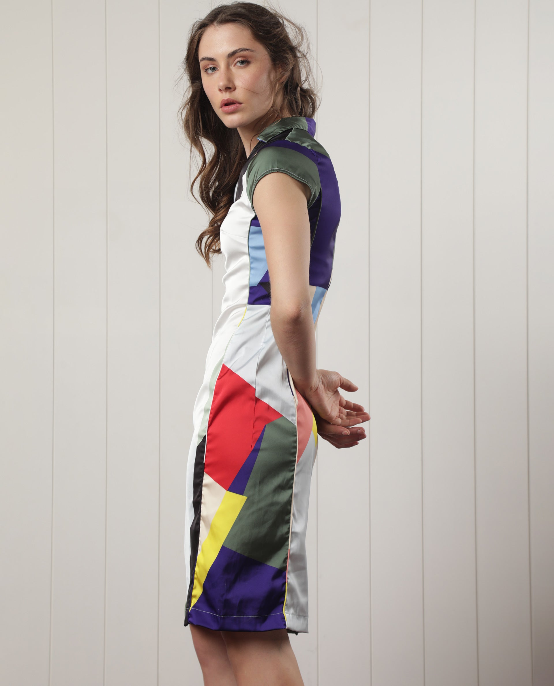 Rareism Women Brave Multi Polyester Fabric Short Sleeves V-Neck Regular Fit Geometric Print Knee Length Boxy Dress