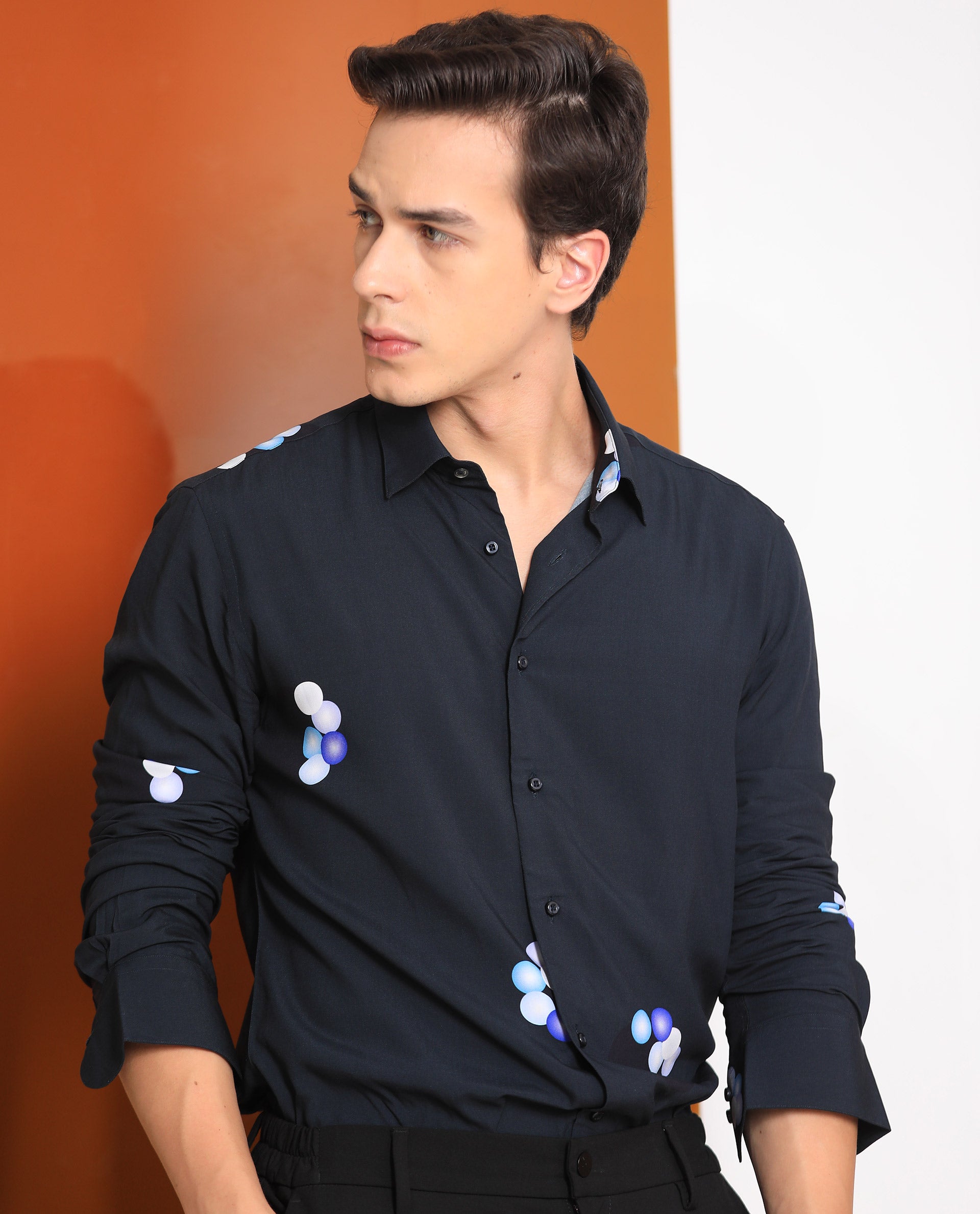 Rare Rabbit Men's Amber Dark Petrol Viscose Fabric Abstract Print Full Sleeves Shirt