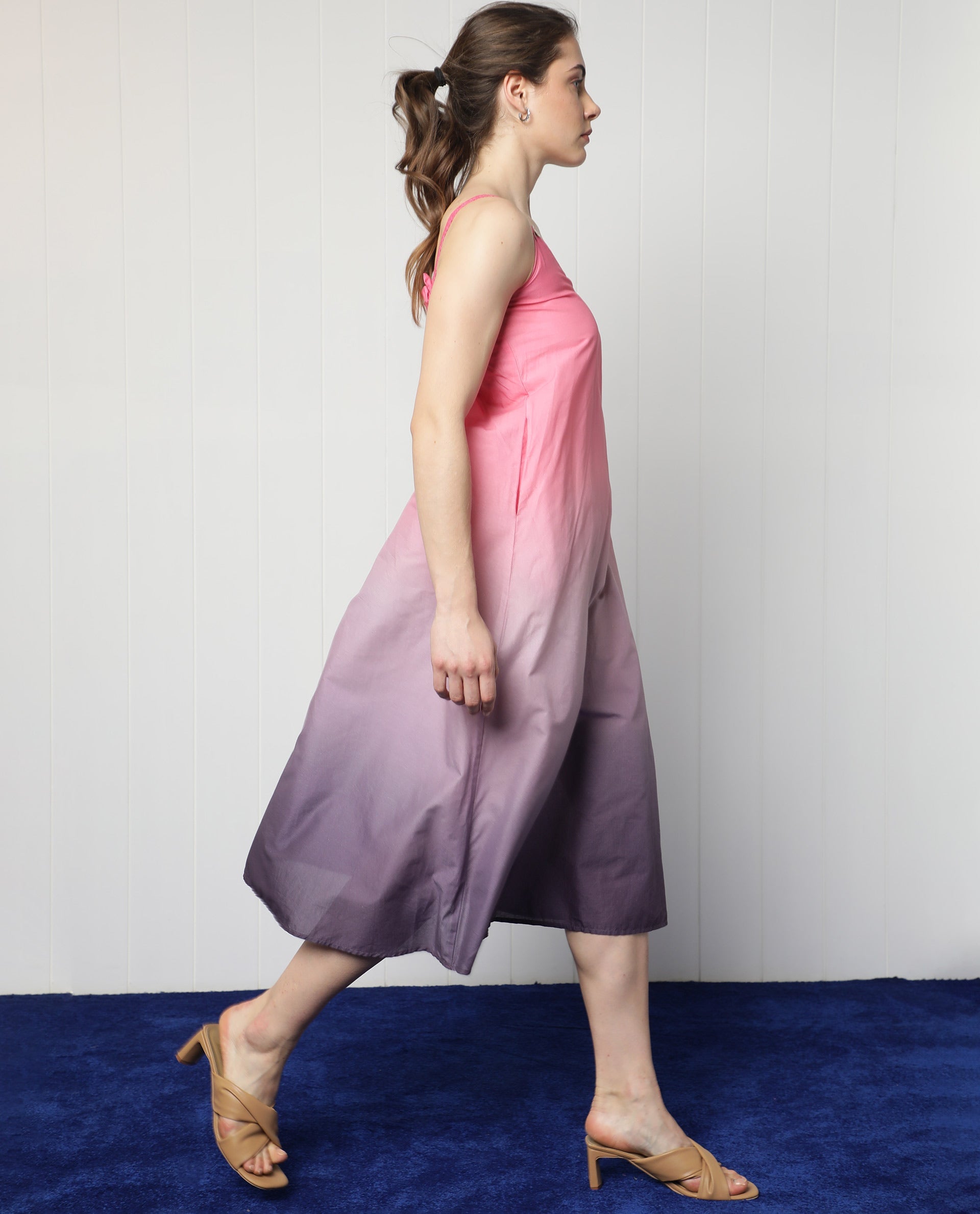 Rareism Women's Kathy Multi Viscose Fabric Shoulder Straps Slip-On Closure Sleeveless Ombre  Midi Dress