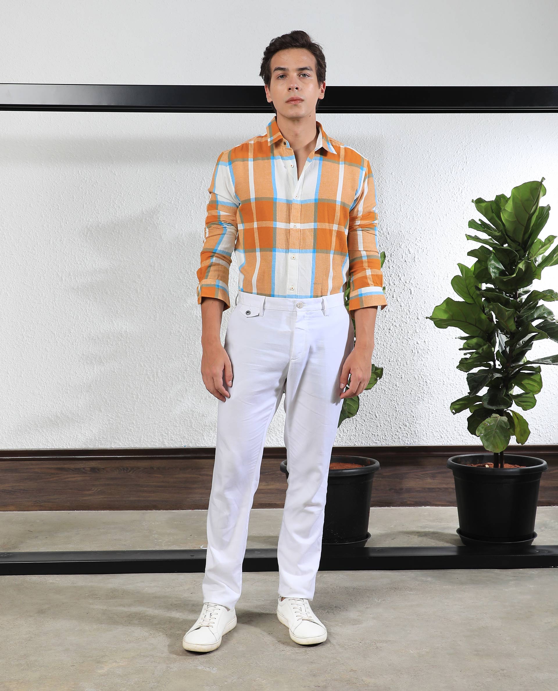 Rare Rabbit Men's Rayo Mustard Cotton Fabric Full Sleeves Twill Checks Shirt