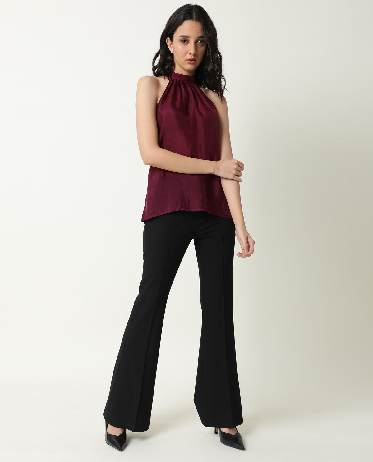 Rareism Womens Sahano Maroon Top Poly Viscose Fabric  Sleeveless Halter Neck