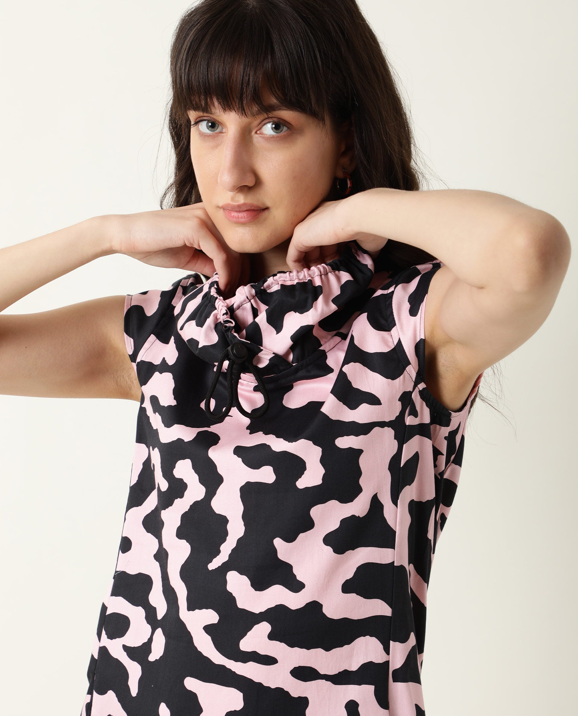 Rareism Womens Santro Black Dress Cotton Satin Fabric Regular Fit Short Sleeve High Neck