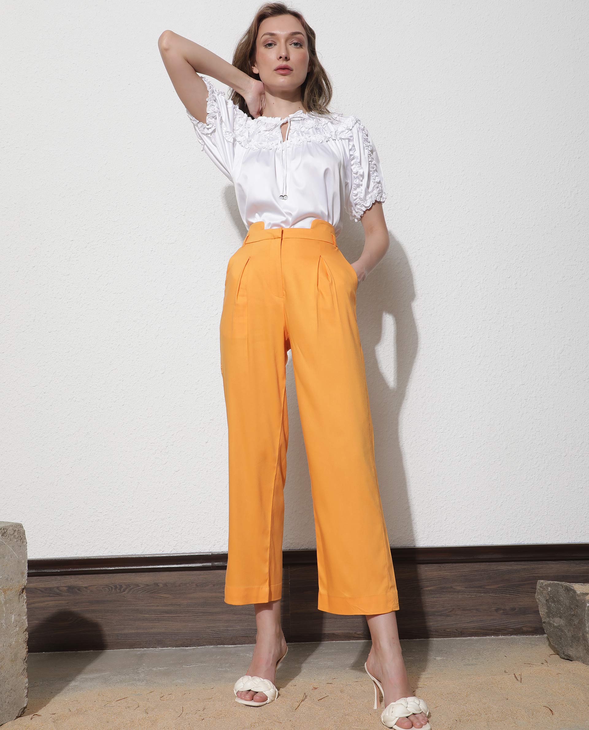 Rareism Women Evanova Mustard Viscose Fabric Tailored Fit High Rise Solid Ankle Length Trousers