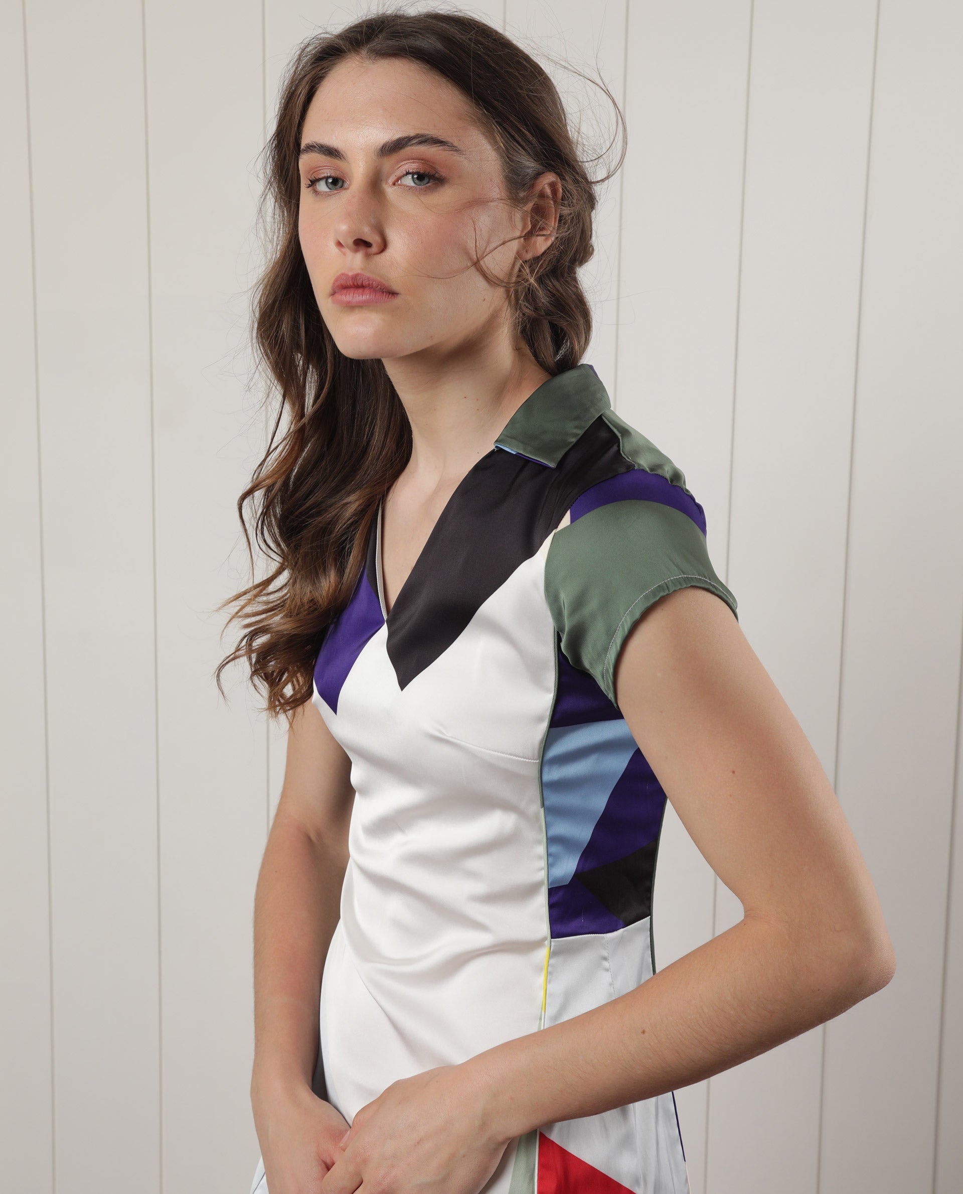 Rareism Women Brave Multi Polyester Fabric Short Sleeves V-Neck Regular Fit Geometric Print Knee Length Boxy Dress