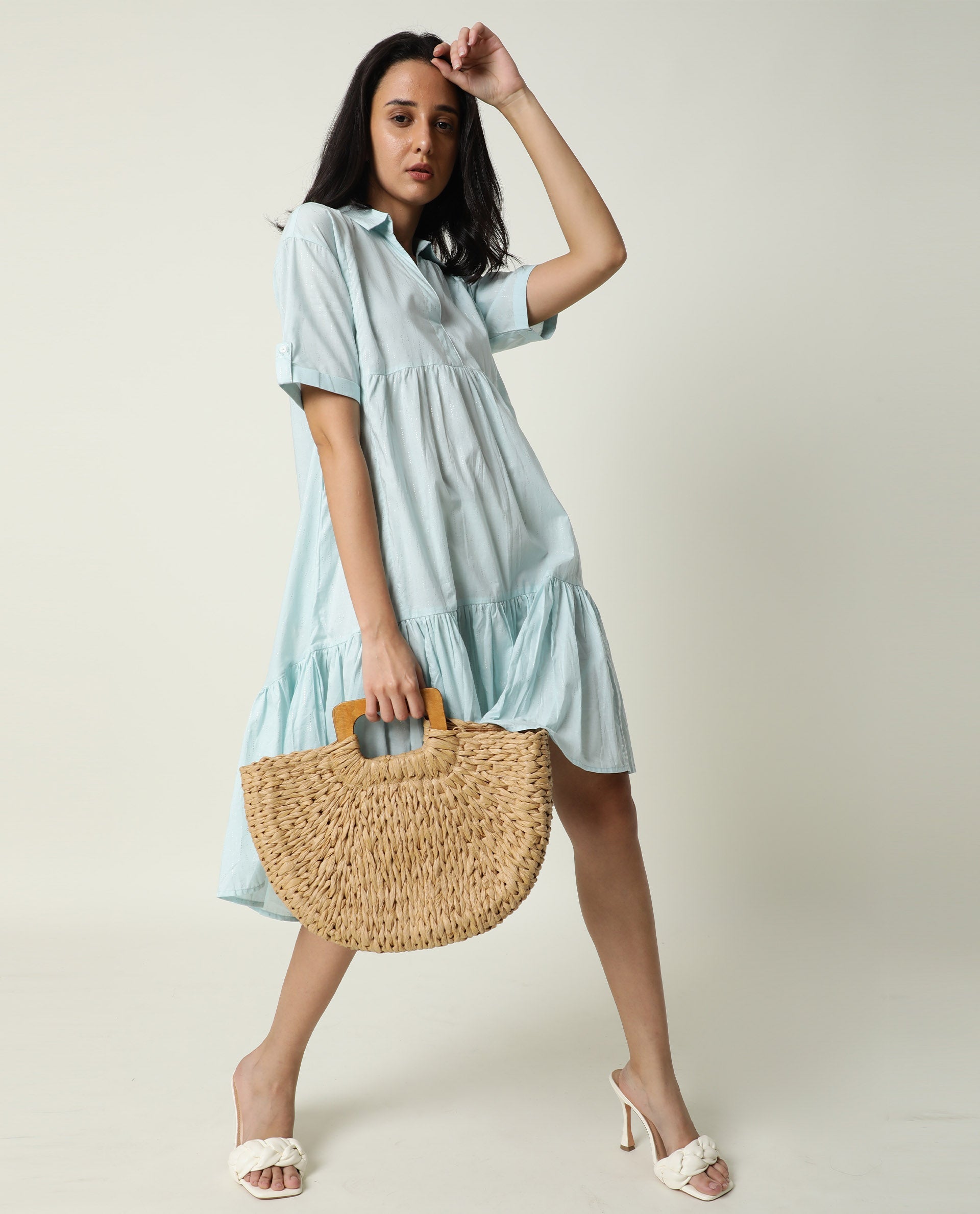 Rareism Women Loaf Light Turq Collared Neck Short Sleeves With Pocket Tiered Knee Length Dress