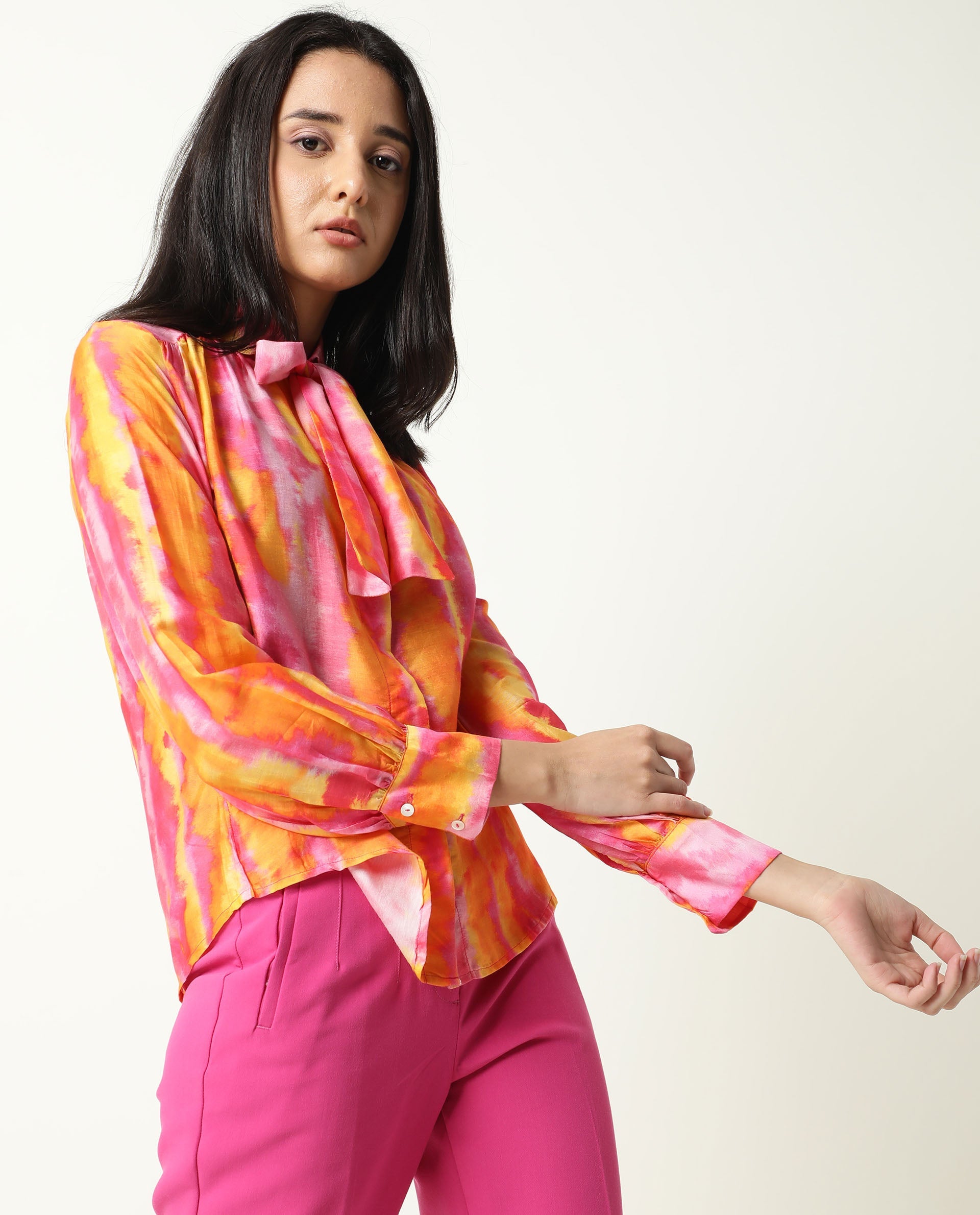 Rareism Womens Dense Pink Top Modal Satin Fabric Regular Fit Full Sleeve Tie Up Neck