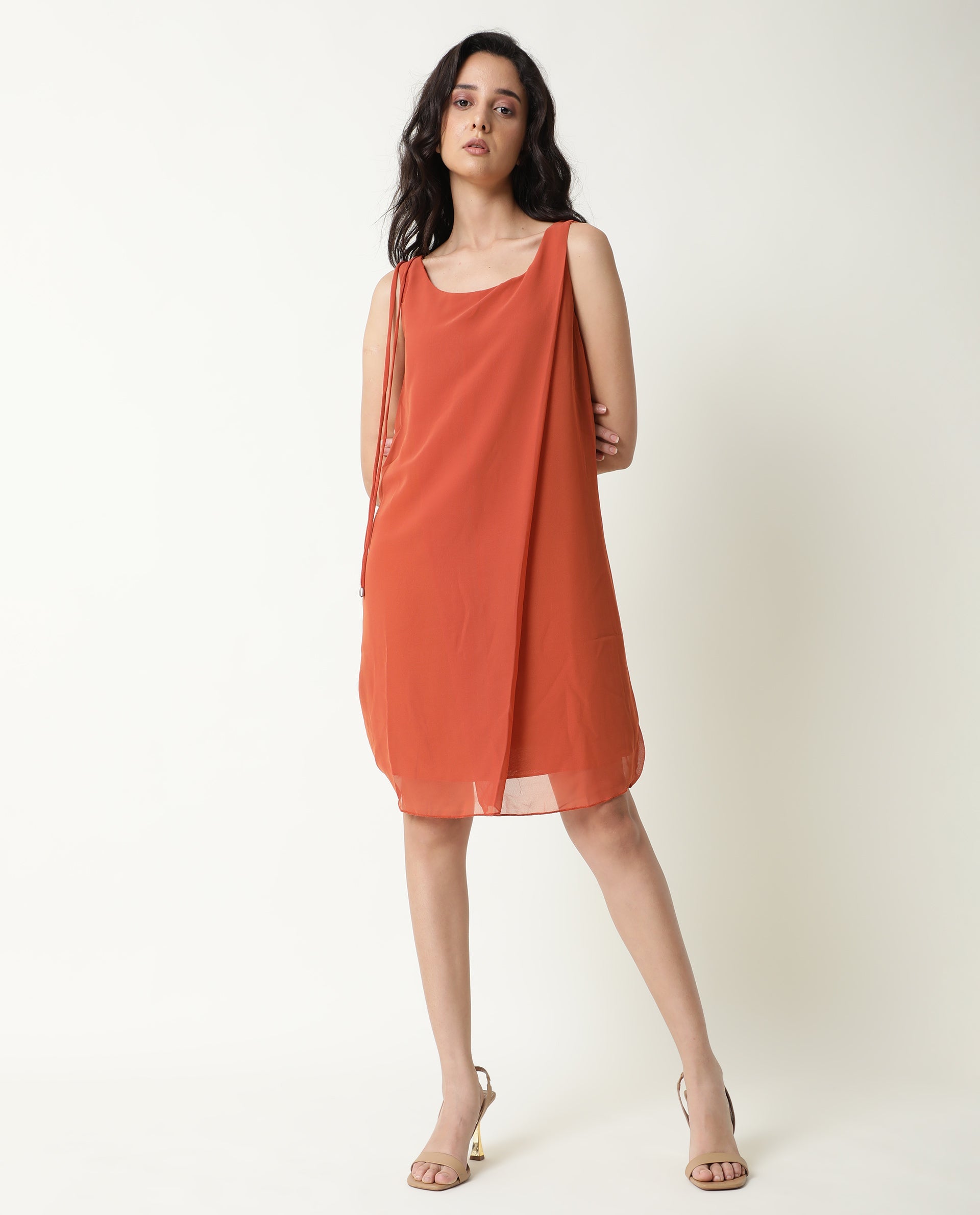 Rareism Women Saabo Dark Rust Boat Neck Sleeveless Side Zip Closure Knee Length Dress