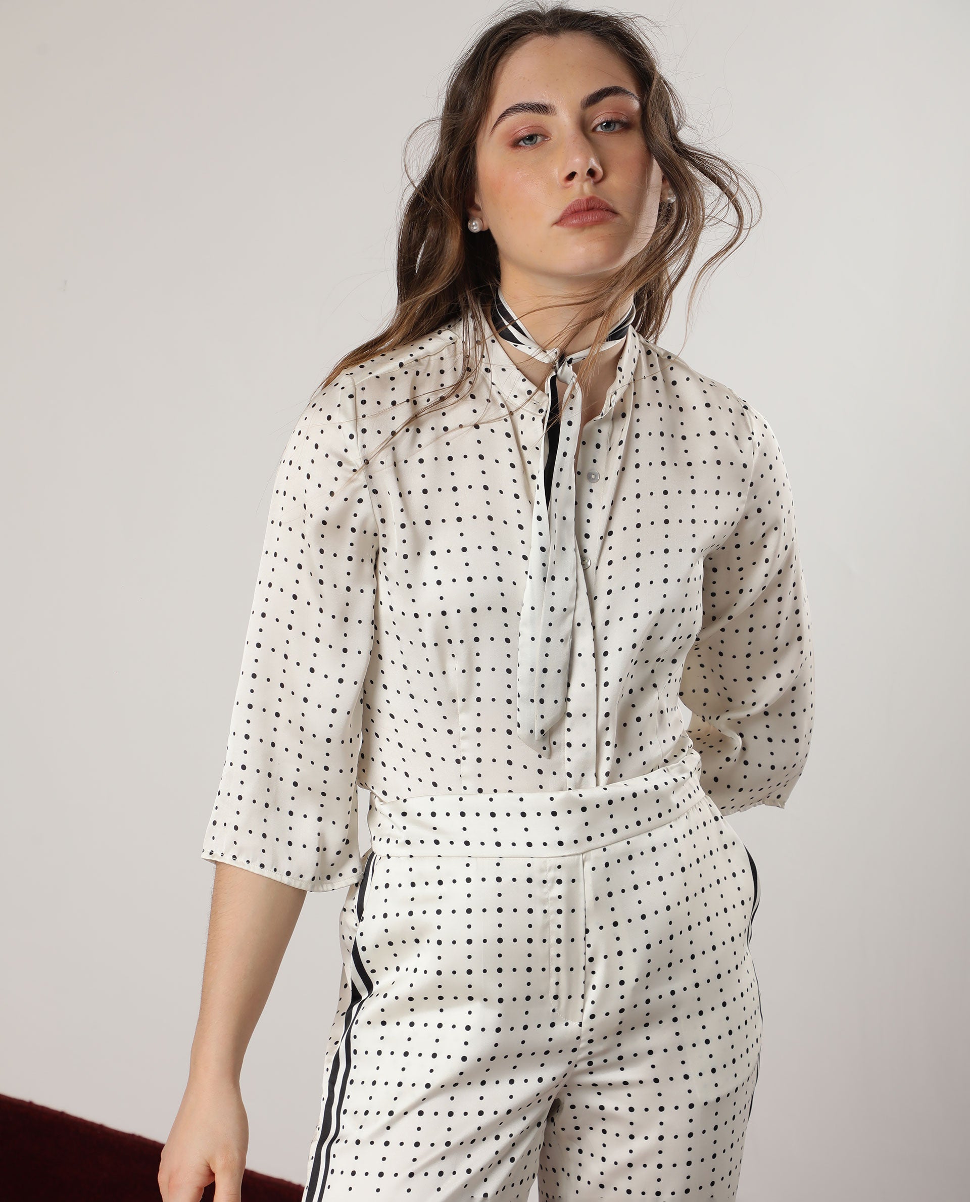 Rareism Women Zanax Beige Polyester Fabric Regular Fit Mandarin Collar 3/4Th Sleeves Polka Top