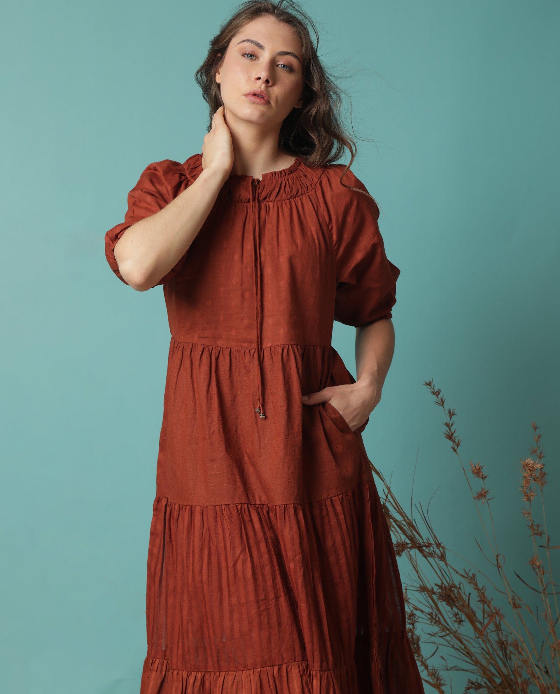 Rareism Women Myle Brown Gathered Neck With Front Tie Up Puff Sleeves And Pockets Tiered Maxi Dress