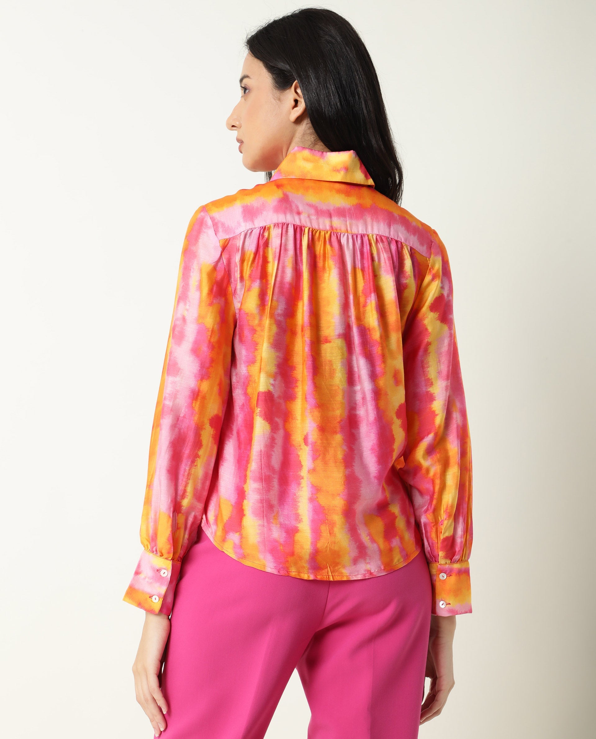 Rareism Womens Dense Pink Top Modal Satin Fabric Regular Fit Full Sleeve Tie Up Neck