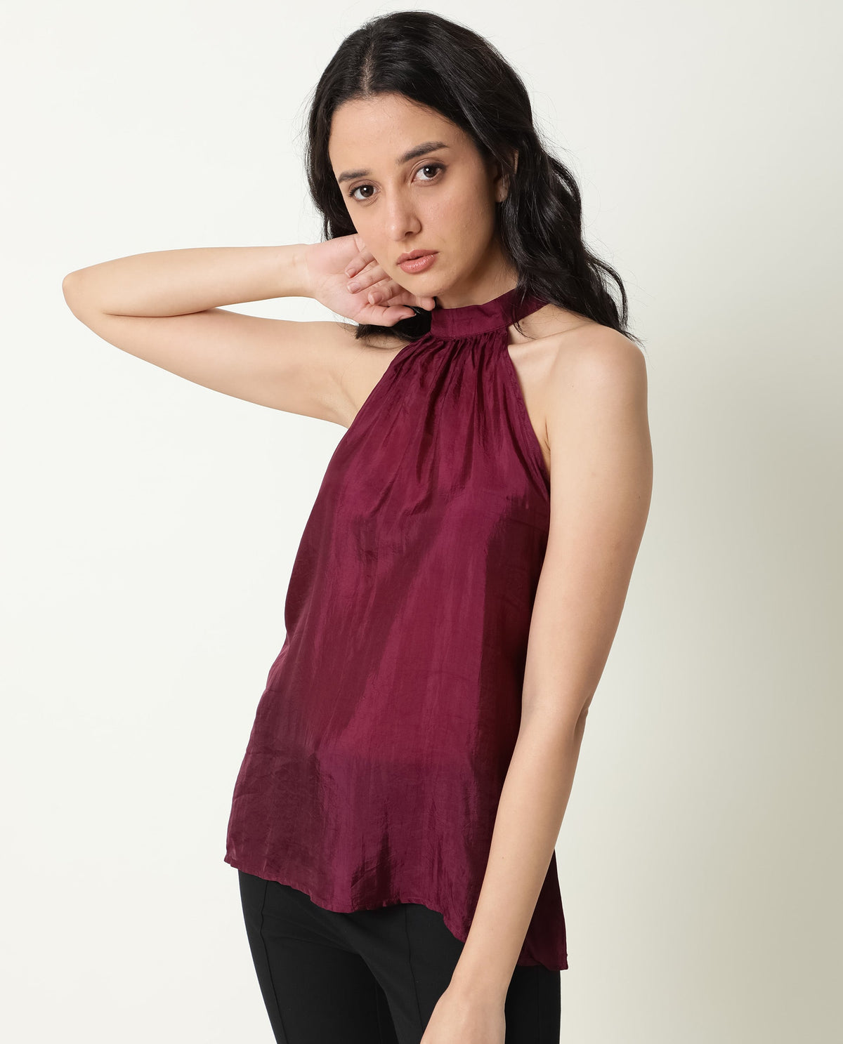 Rareism Womens Sahano Maroon Top Poly Viscose Fabric  Sleeveless Halter Neck