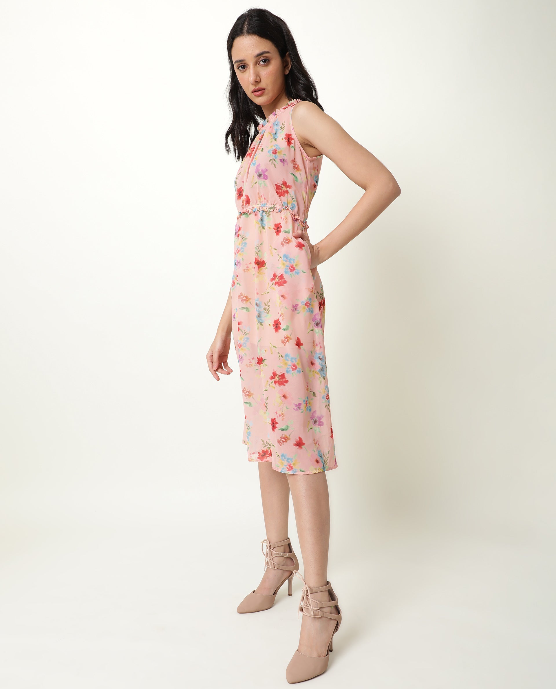 Rareism Women Sack Peach Floral Print Ruffled Round Neck And Waist Sleeveless Midi Dress