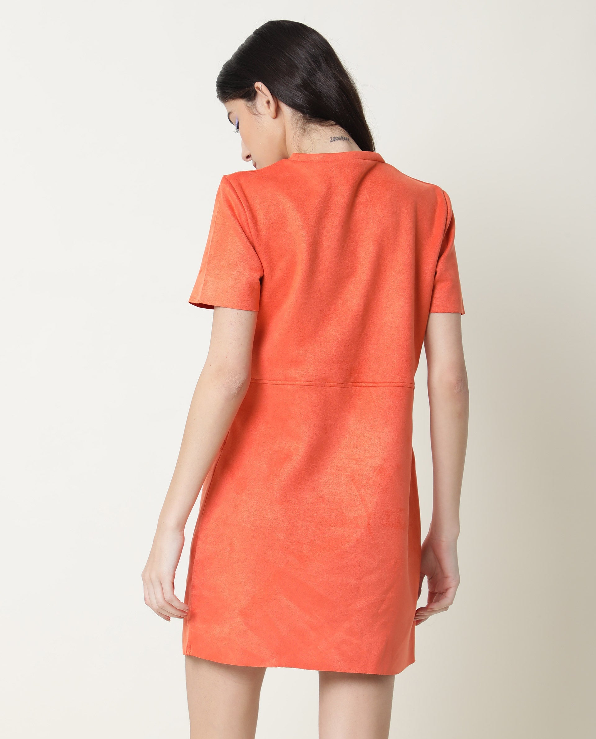 Rareism Women Sions Orange Round Neck Short Sleeves Pseudo Side Pockets Mini Dress