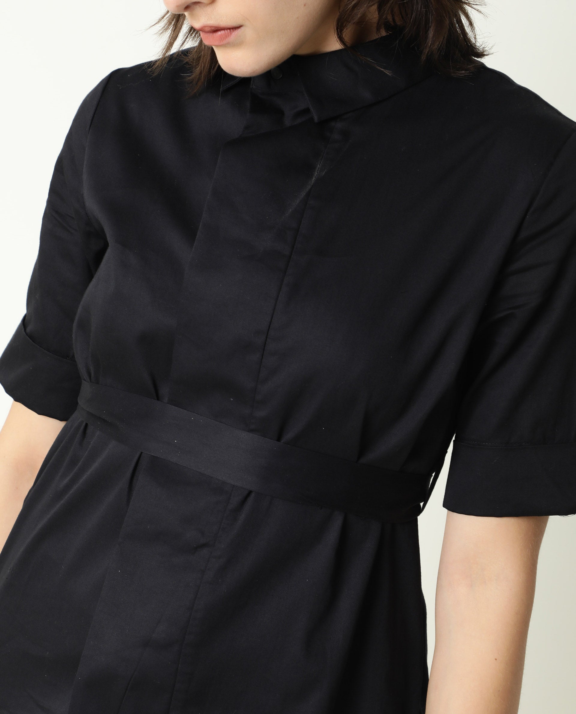 Rareism Womens Glitter Black Top Cotton Satin Fabric Regular Fit 3/4 Sleeve Collared Neck