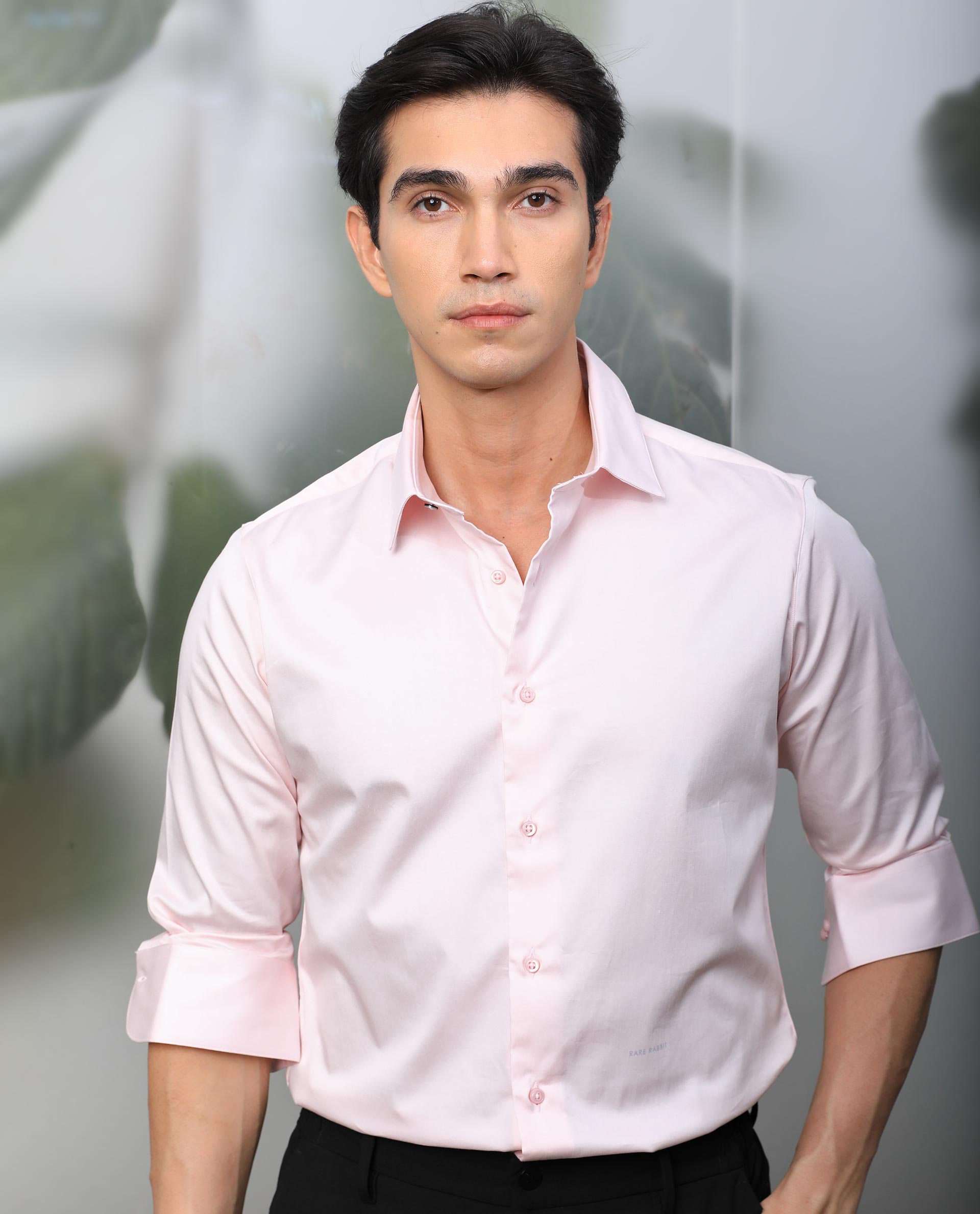 Rare Rabbit Mens Melton Pink Cotton Lycra Fabric Full Sleeves Tailored Fit Solid Shirt