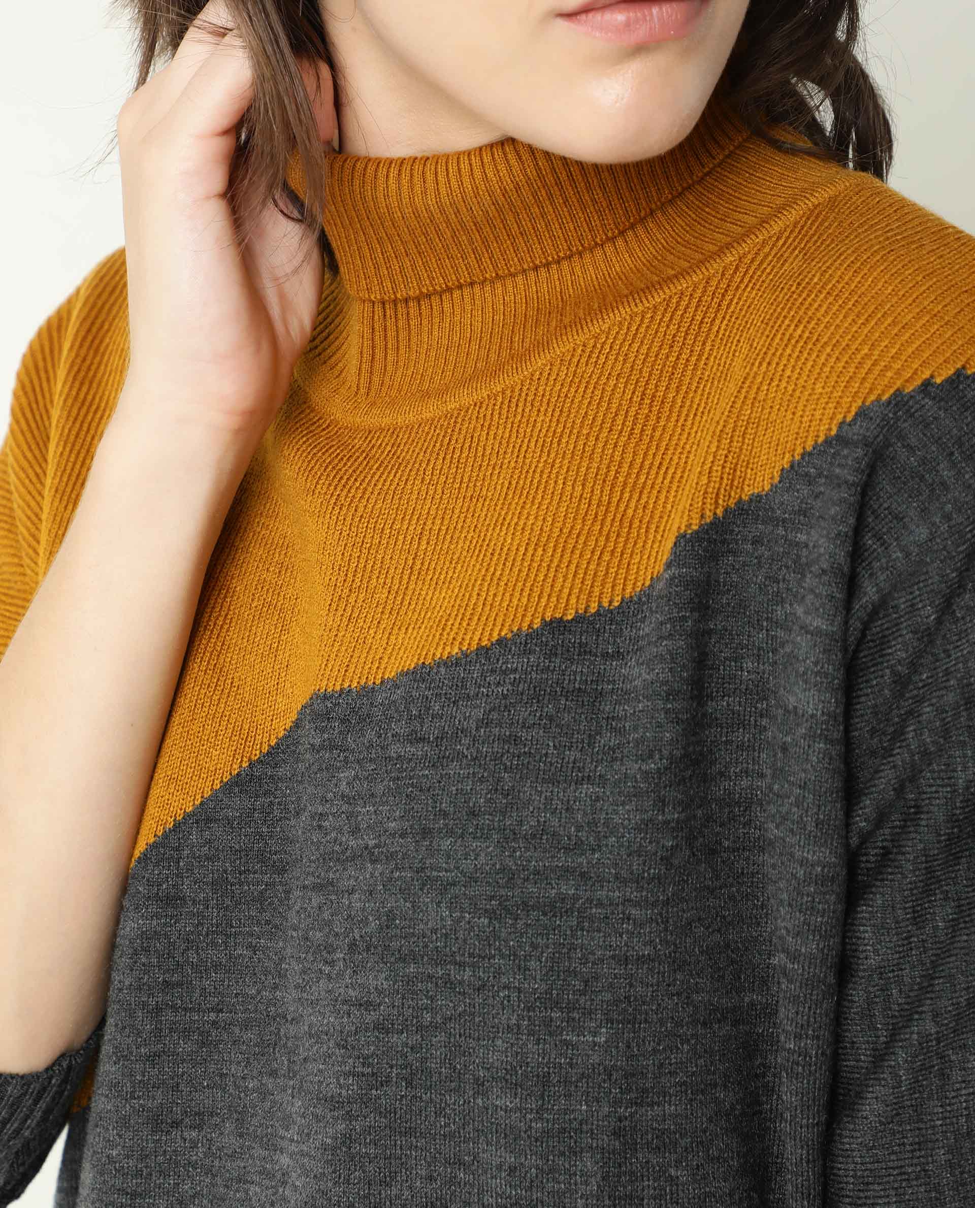 Rareism Women Spaton Grey Acrylic Fabric Full Sleeves Knee Length Regular Fit Color Blocked High Neck Sweater