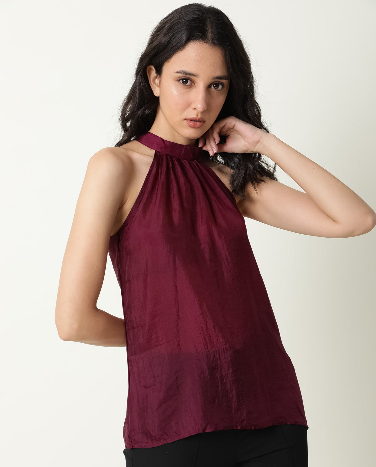 Rareism Womens Sahano Maroon Top Poly Viscose Fabric  Sleeveless Halter Neck