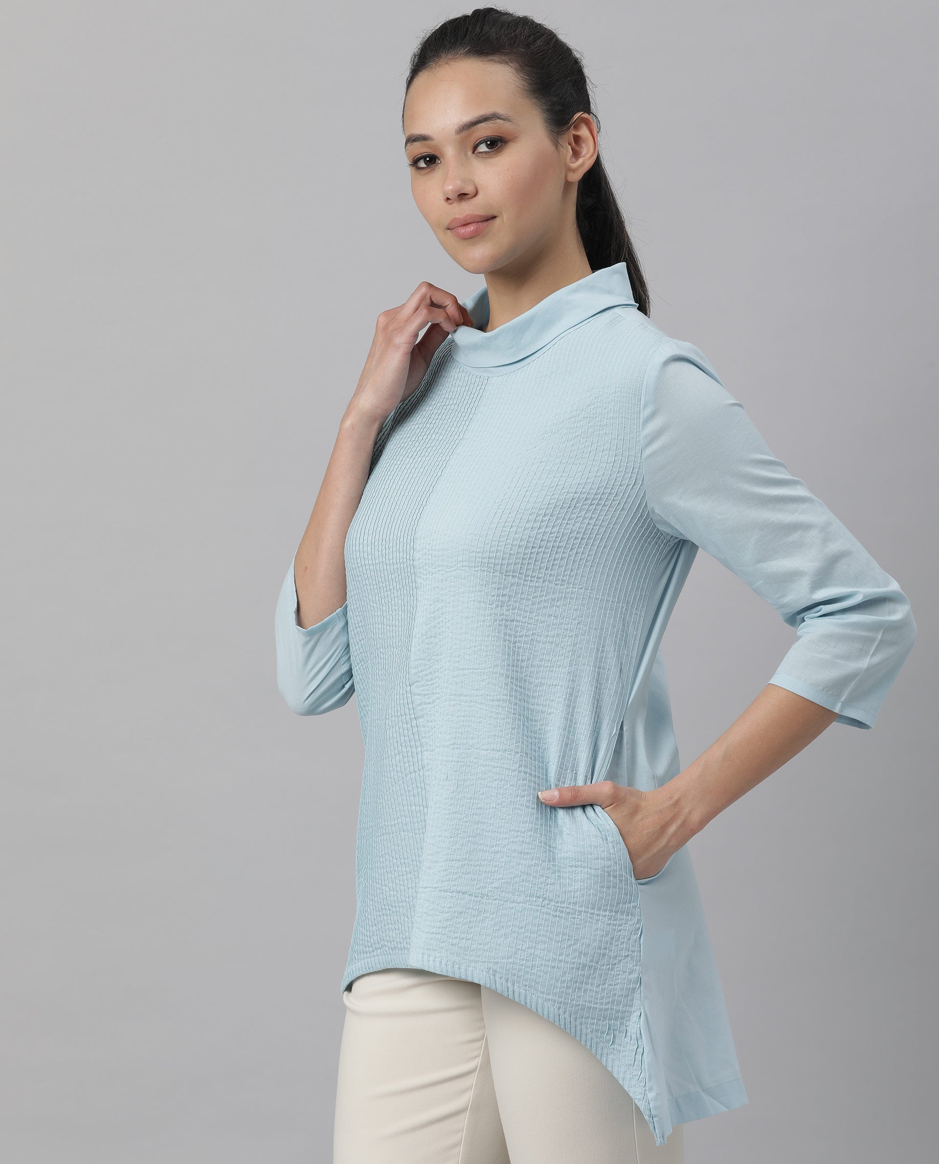 Rareism Women Printol Blue Cotton Fabric Regular Fit Turttle Neck 3/4Th Sleeves Ribbed Top