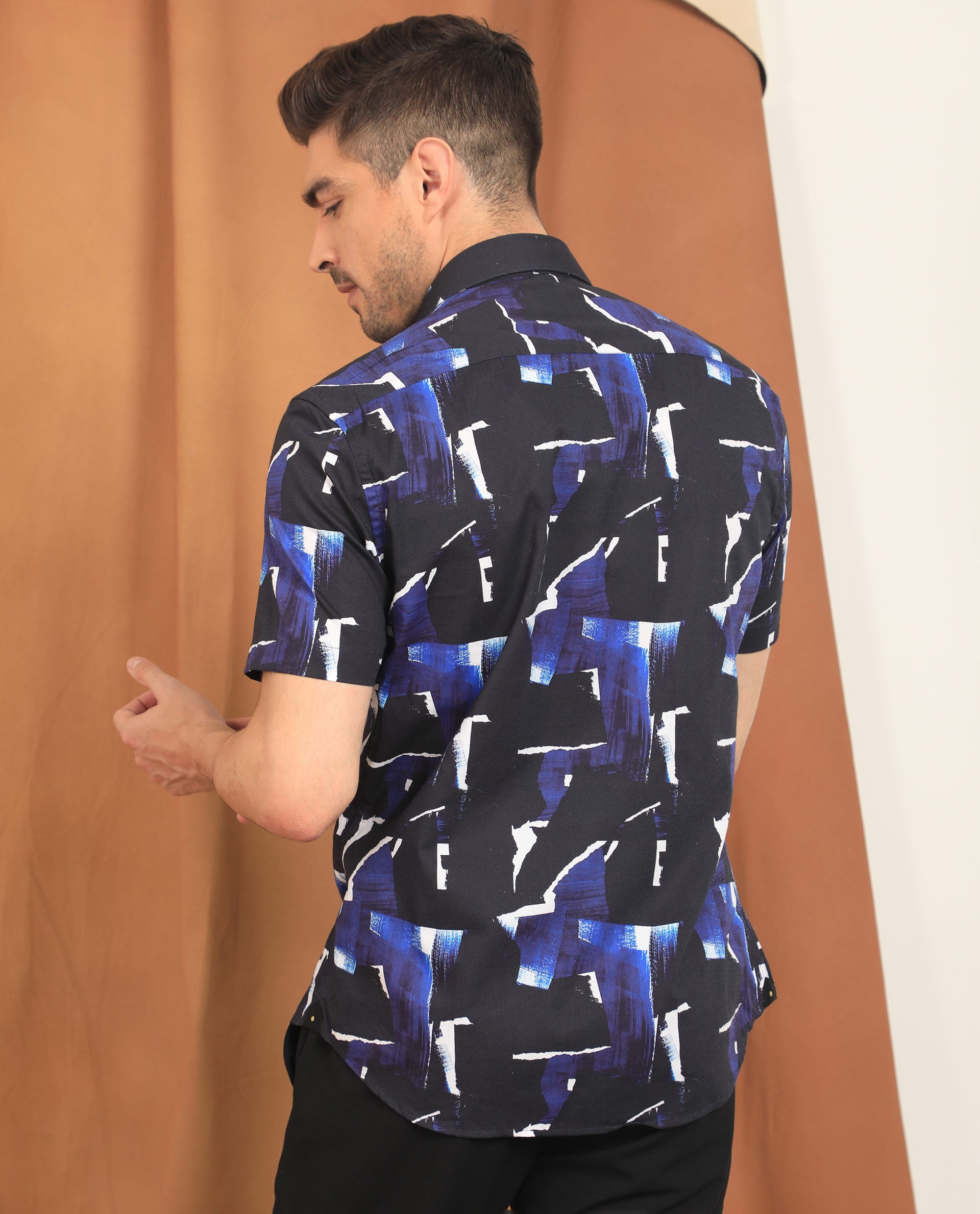 Rare Rabbit Men's Canva Blue Viscose Fabric Geometric Print Half Sleeves Shirt