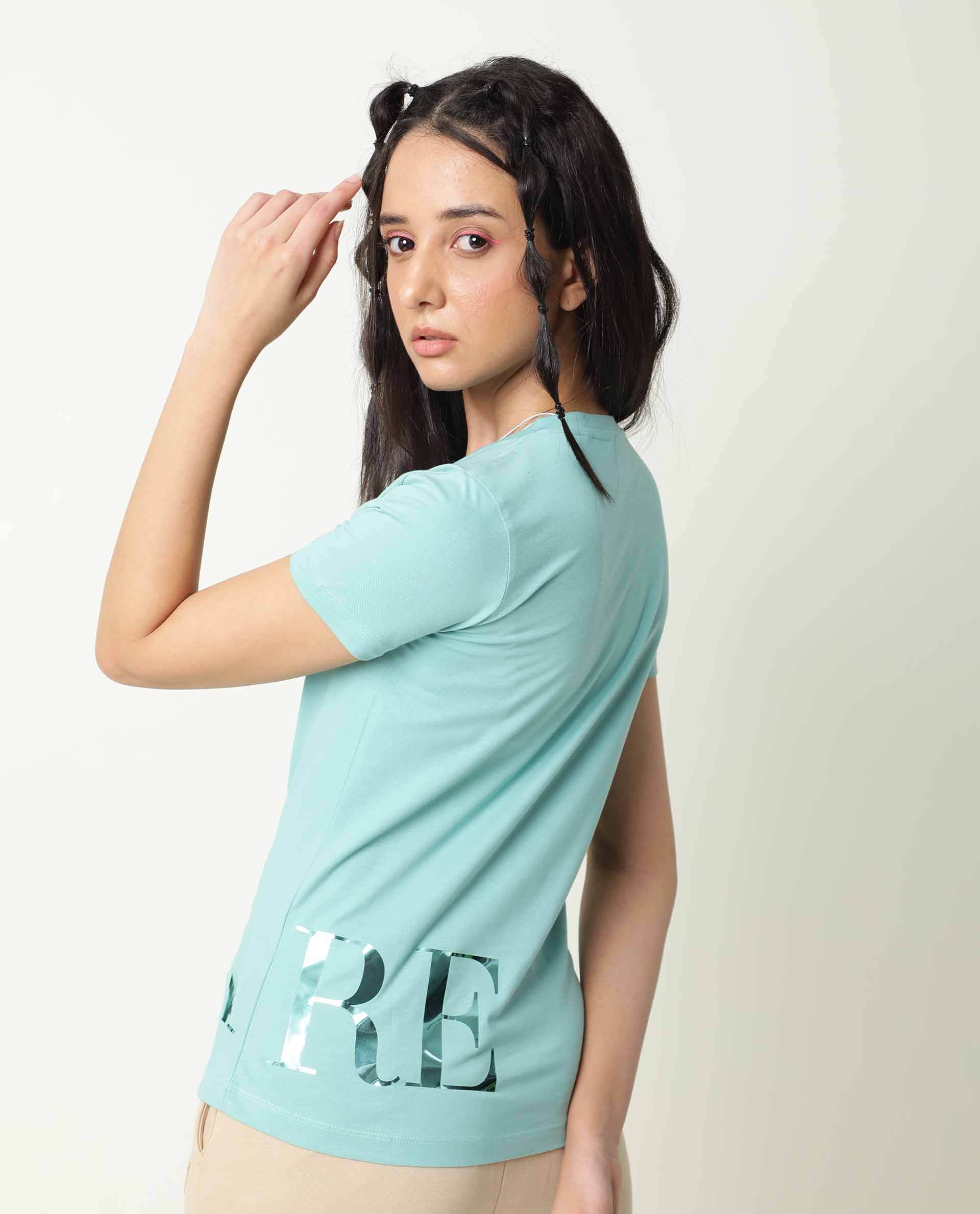 Rareism Women Donovan Green Cotton Fabric Regular Fit Half Sleeves Graphic Print Crew Neck T-Shirt