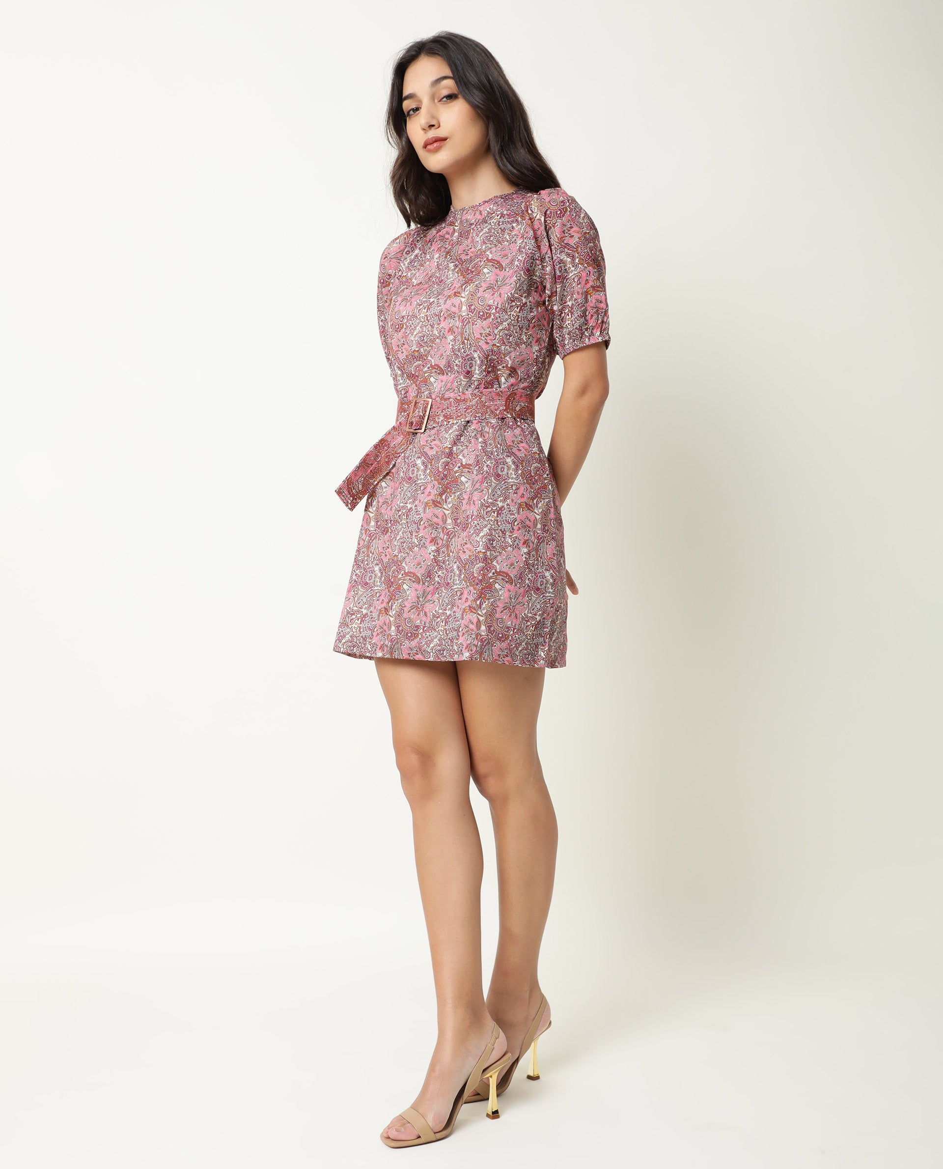Rareism Women Palesa Pink Paisley Print Closed Round Neck Raglan Puff Sleeves Fabric Waist Belt Mini Dress