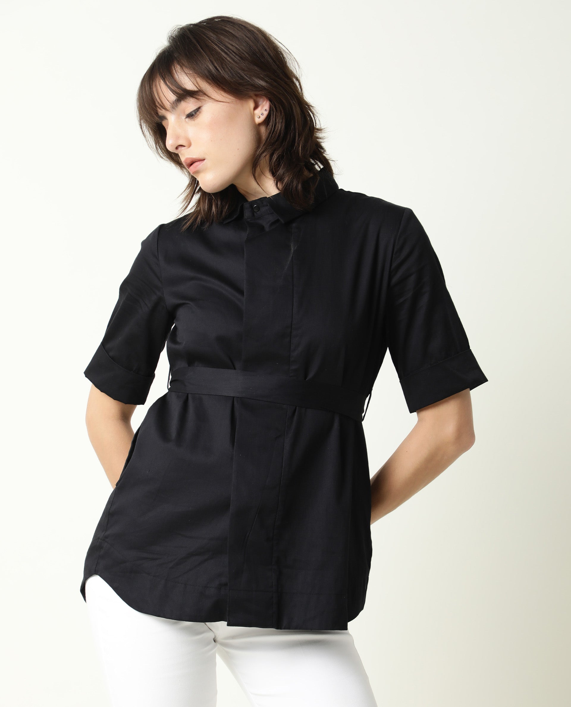 Rareism Womens Glitter Black Top Cotton Satin Fabric Regular Fit 3/4 Sleeve Collared Neck