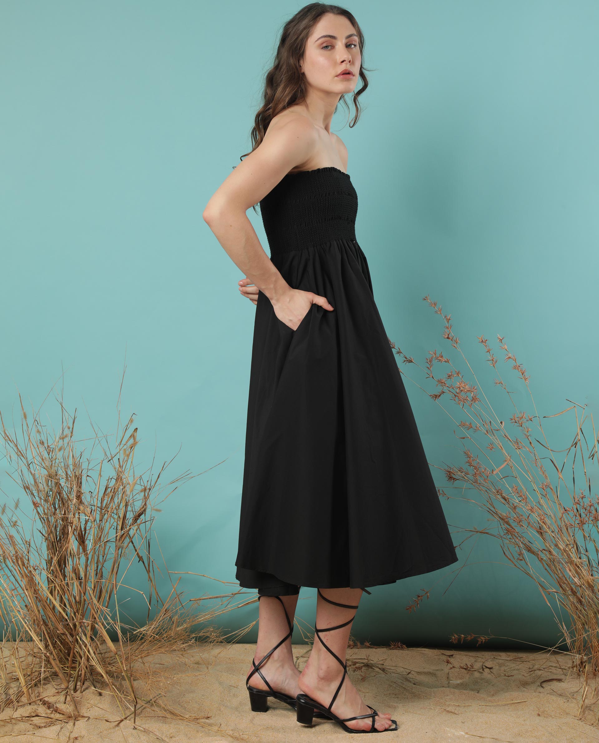 Rareism Women Zozo Black Off Shoulder With Detachable Shoulder Straps And Pockets Smocked Midi Dress