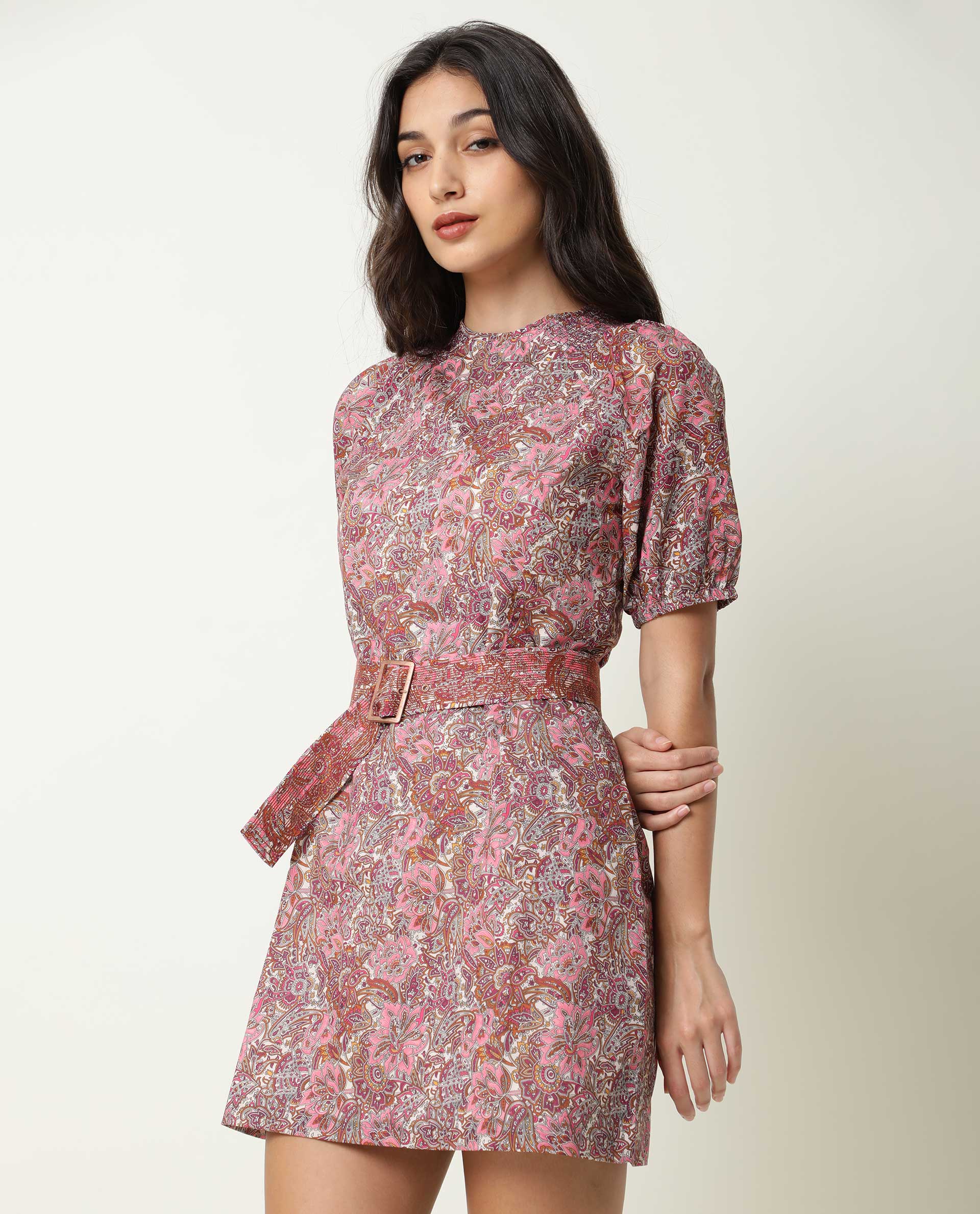 Rareism Women Palesa Pink Paisley Print Closed Round Neck Raglan Puff Sleeves Fabric Waist Belt Mini Dress