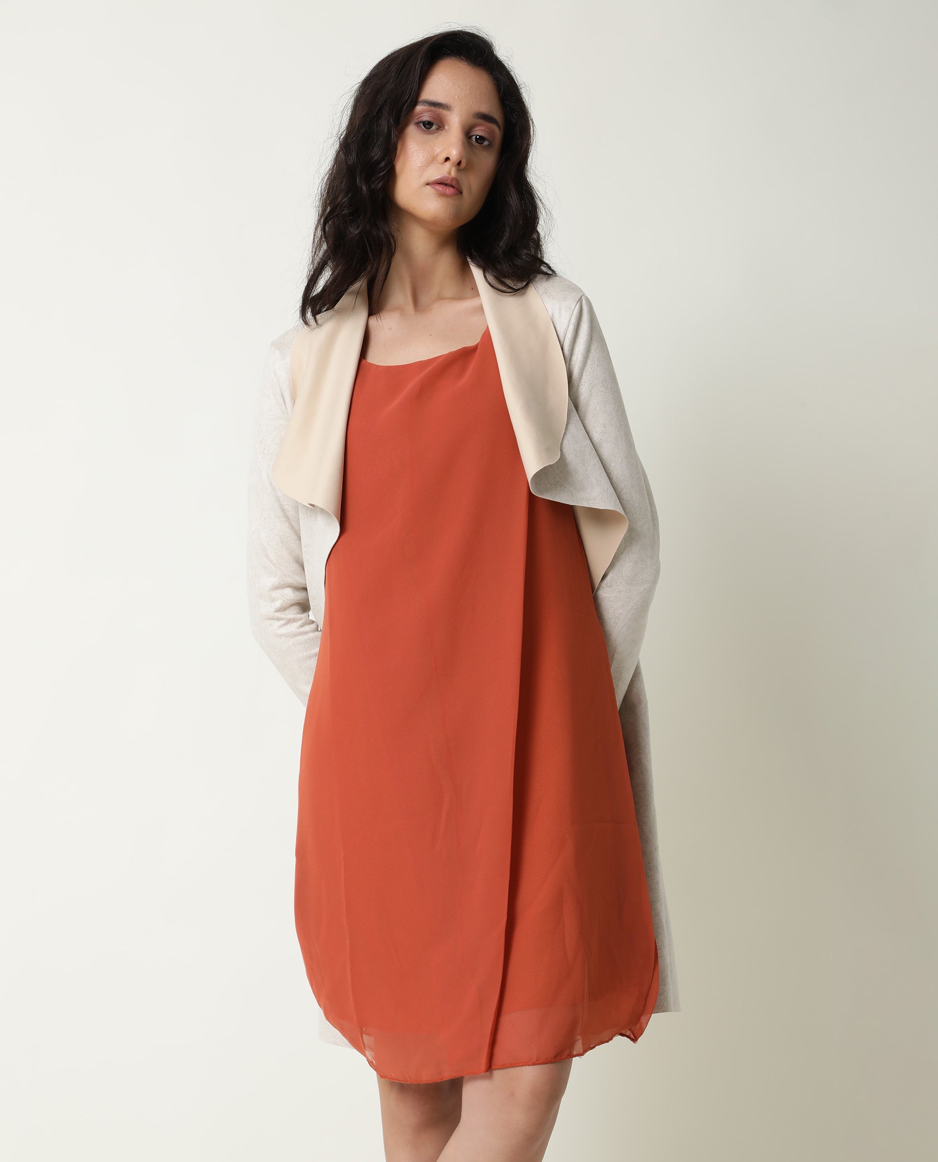 Rareism Women Saabo Dark Rust Boat Neck Sleeveless Side Zip Closure Knee Length Dress