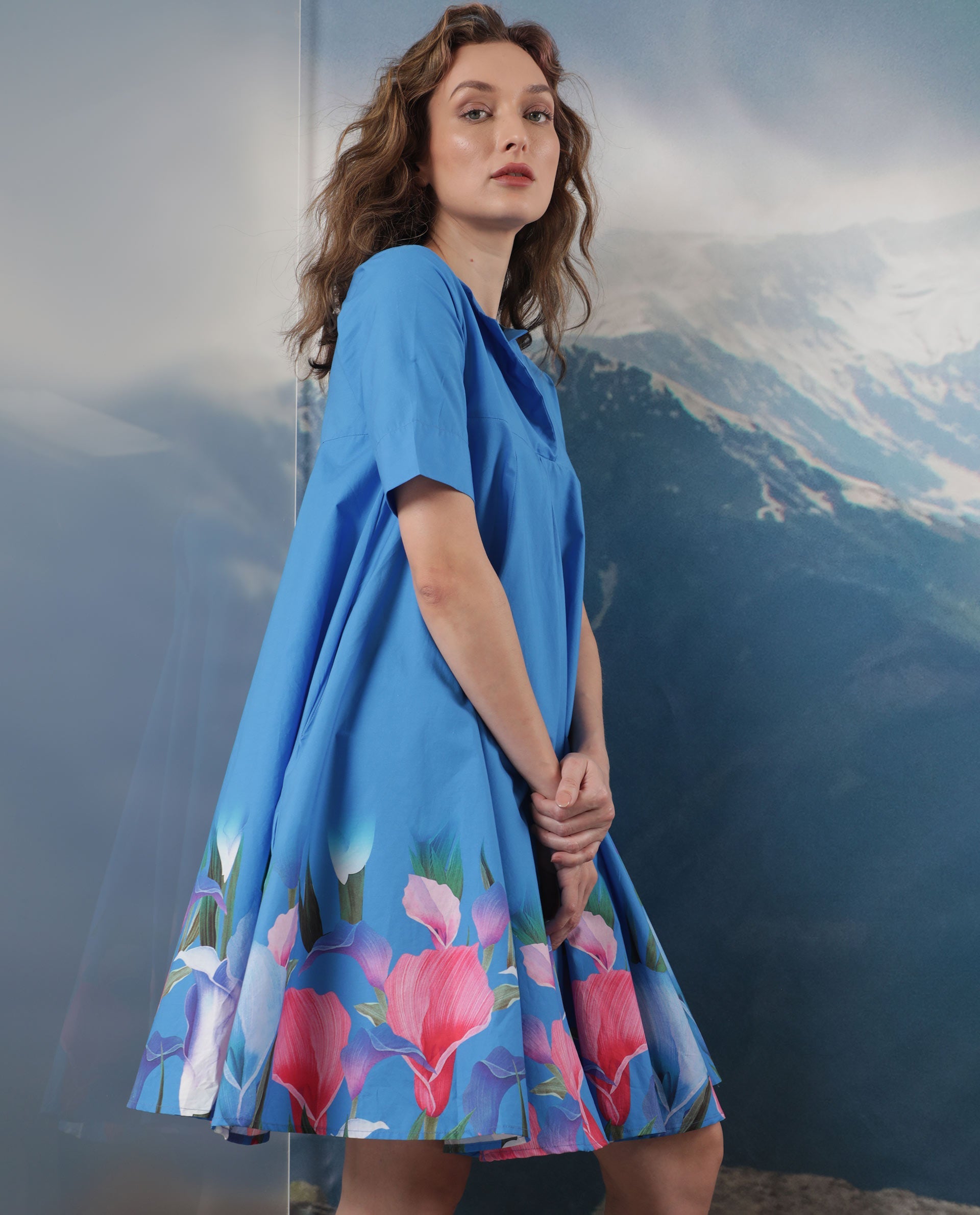 Rareism Women Xender Blue Floral Print Overlap Lapel Collar Half Sleeves With Pockets Flared Mini Dress