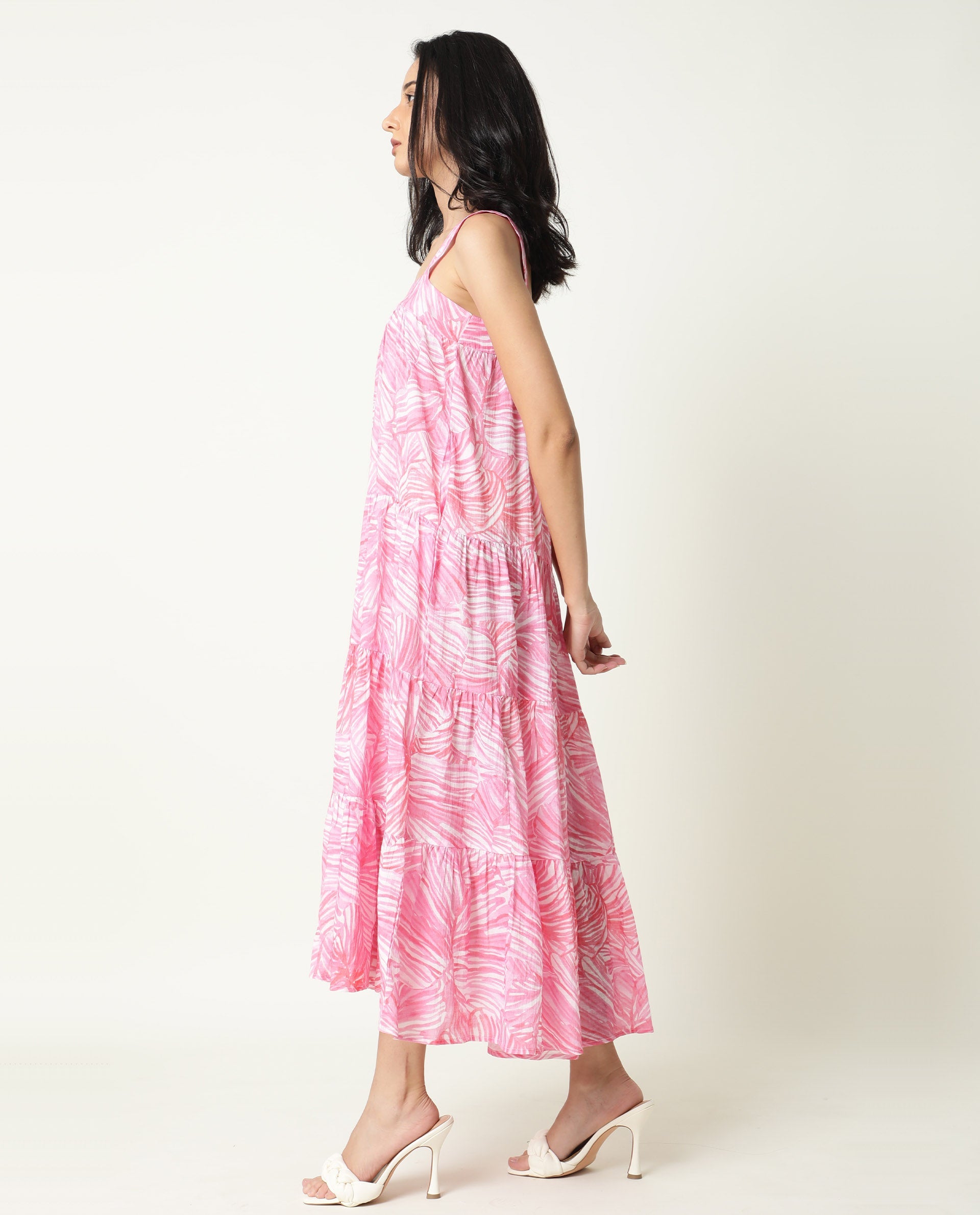 Rareism Women Toddle Pink Abstract Print Square Neck With Gathers With Broad Shoulder Straps And Pockets Midi Dress