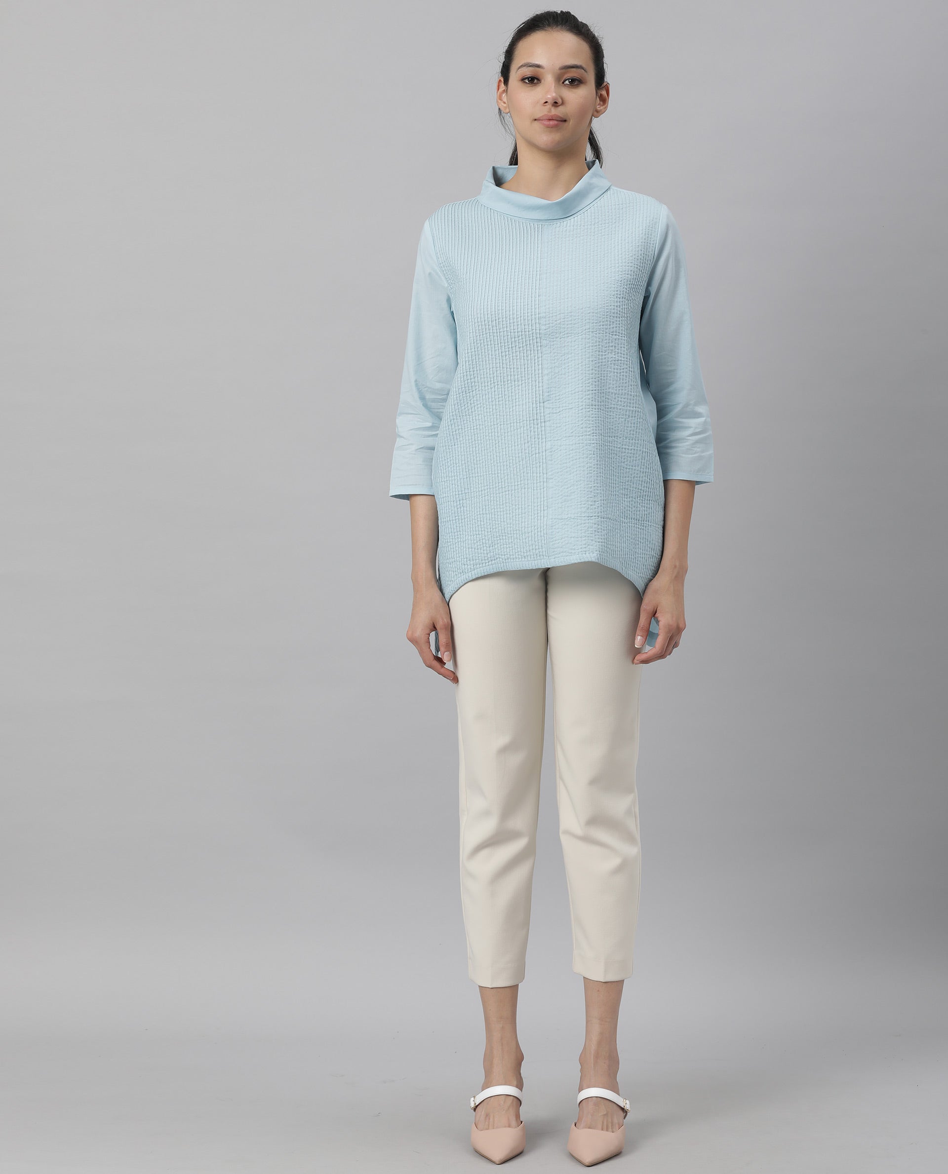 Rareism Women Printol Blue Cotton Fabric Regular Fit Turttle Neck 3/4Th Sleeves Ribbed Top