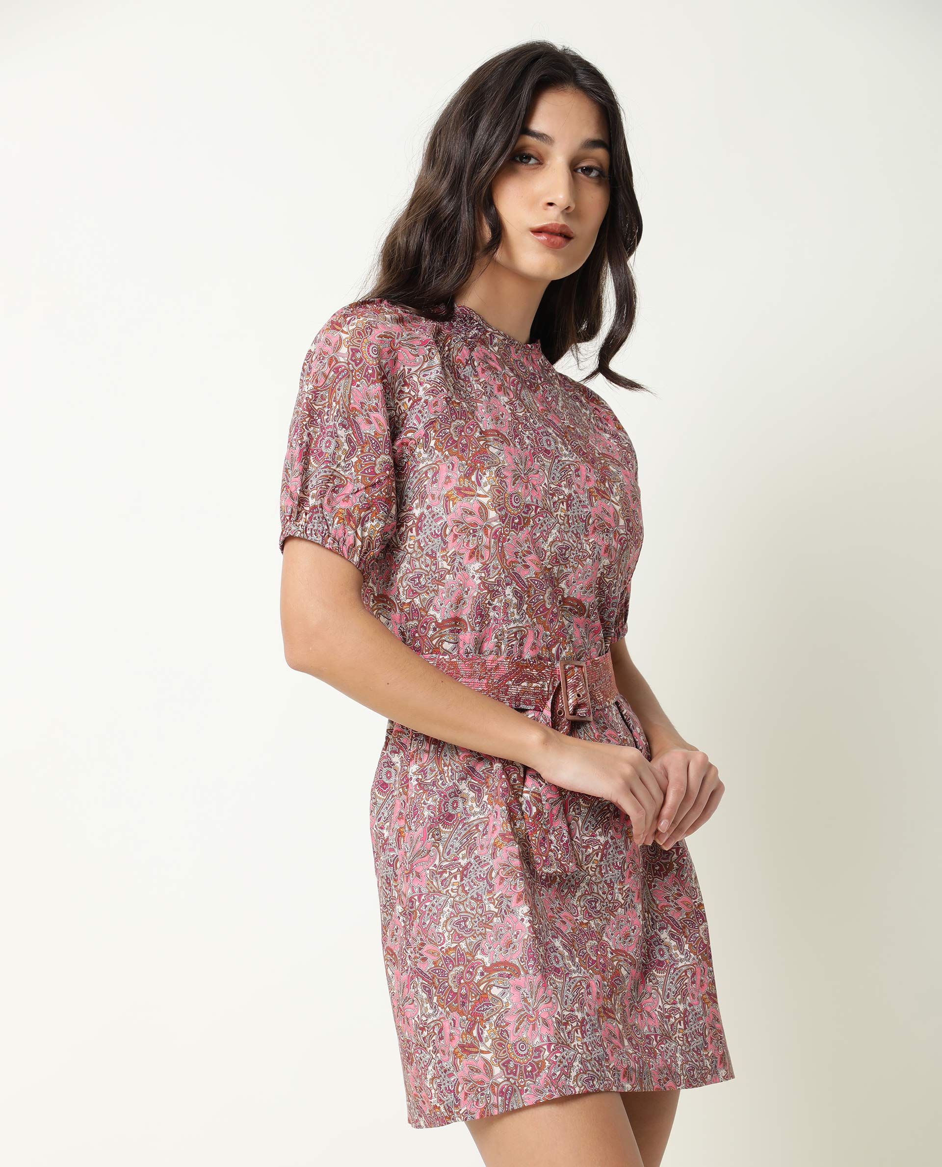 Rareism Women Palesa Pink Paisley Print Closed Round Neck Raglan Puff Sleeves Fabric Waist Belt Mini Dress