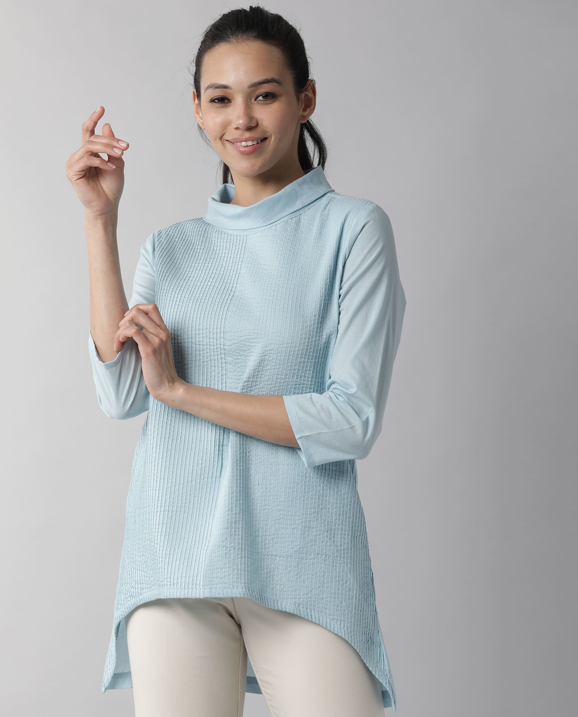 Rareism Women Printol Blue Cotton Fabric Regular Fit Turttle Neck 3/4Th Sleeves Ribbed Top