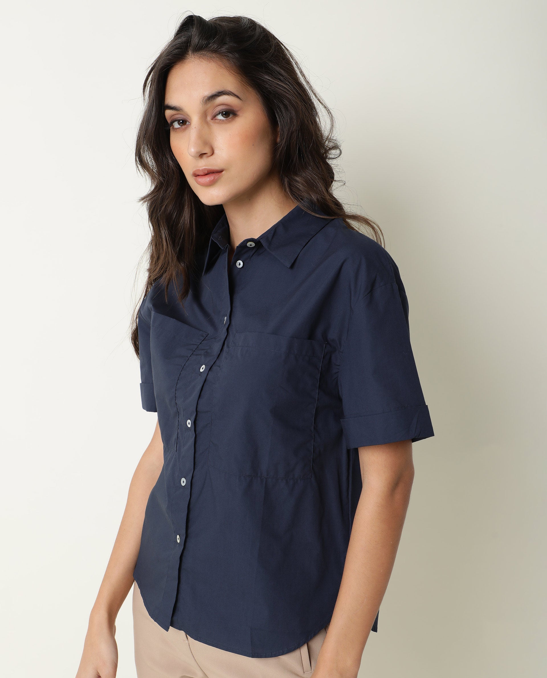 Rareism Women Vesh Navy Cotton Fabric Regular Fit Shirt Collar Half Sleeves Solid Top