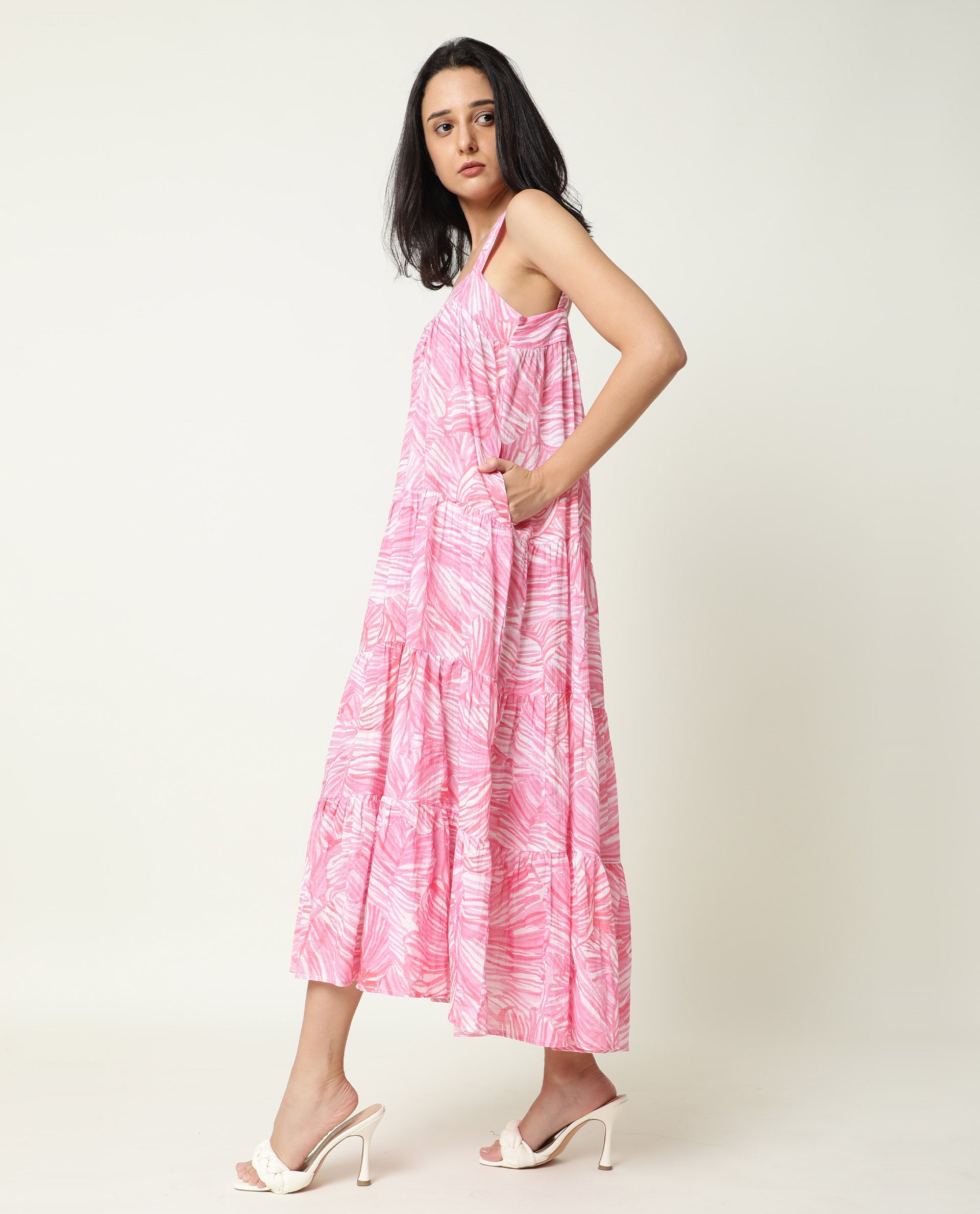 Rareism Women Toddle Pink Abstract Print Square Neck With Gathers With Broad Shoulder Straps And Pockets Midi Dress