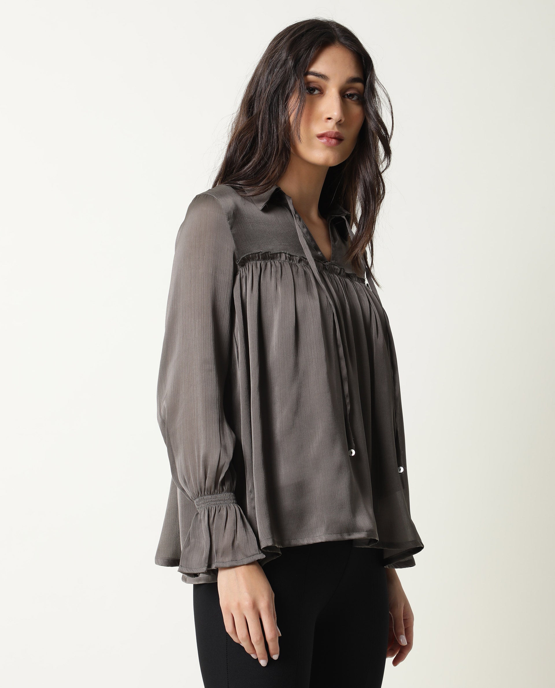 Rareism Womens Poetess Grey Top Polyester Fabric  Full Sleeve Key Hole Neck