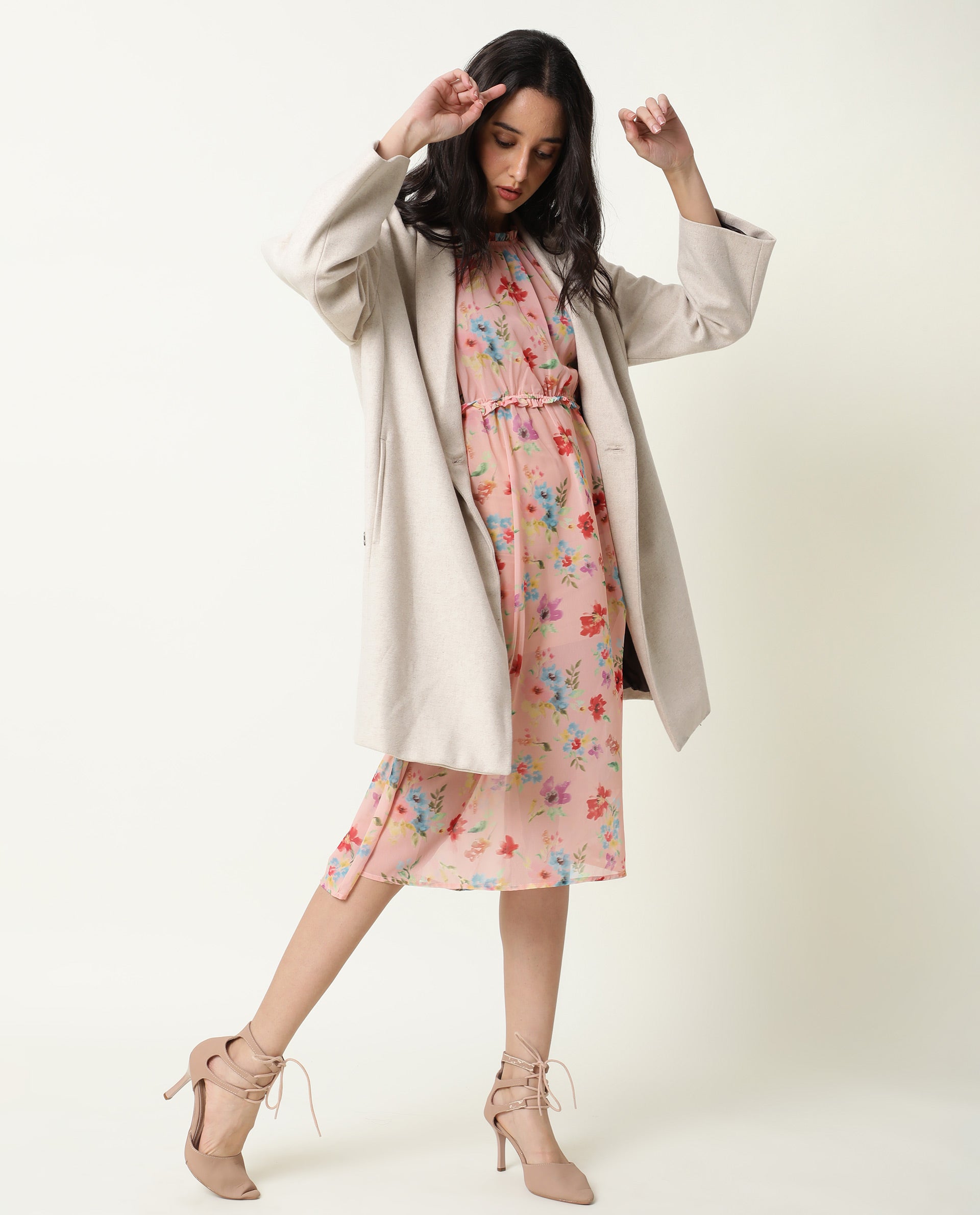 Rareism Women Sack Peach Floral Print Ruffled Round Neck And Waist Sleeveless Midi Dress