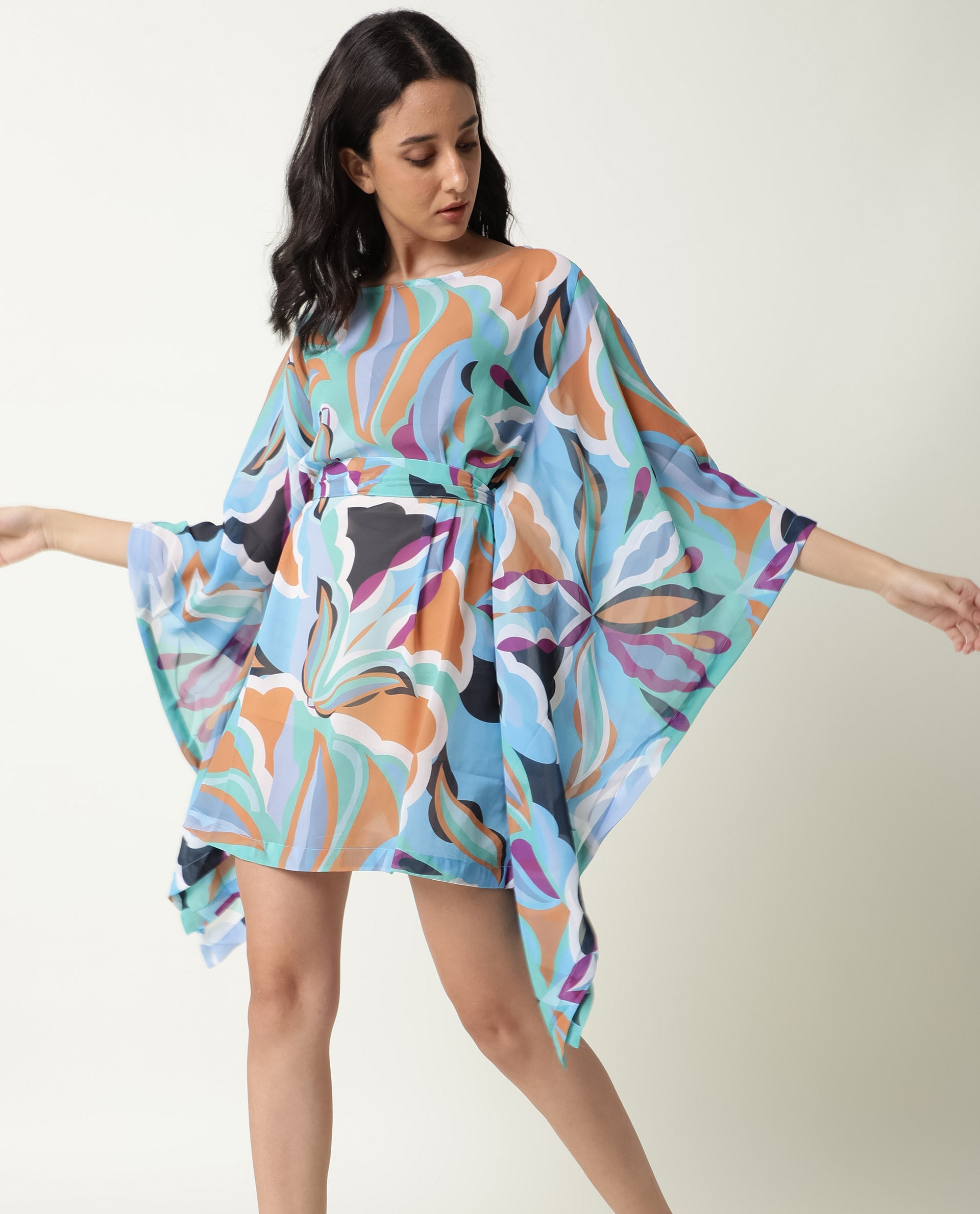 Rareism Women Meevio Multi Abstract Print Boat Neck Flared Sleeves Mini Dress