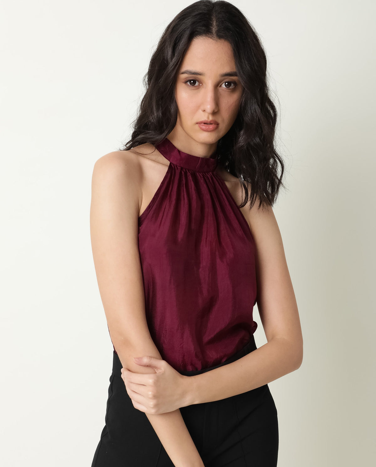 Rareism Womens Sahano Maroon Top Poly Viscose Fabric  Sleeveless Halter Neck
