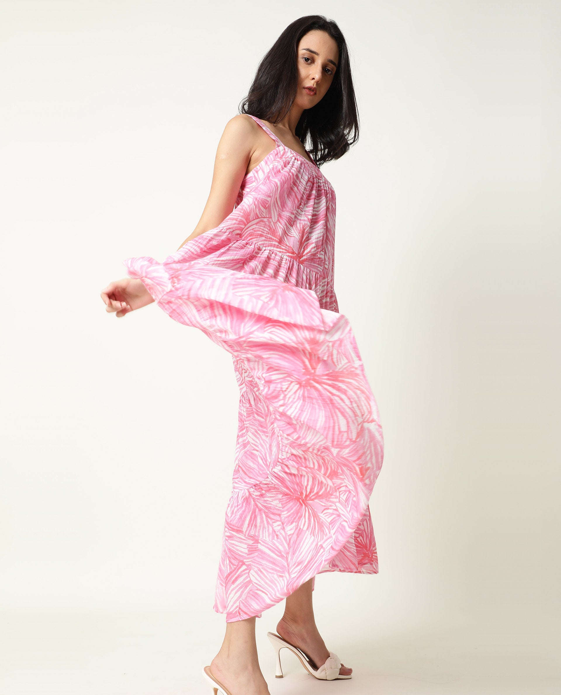 Rareism Women Toddle Pink Abstract Print Square Neck With Gathers With Broad Shoulder Straps And Pockets Midi Dress