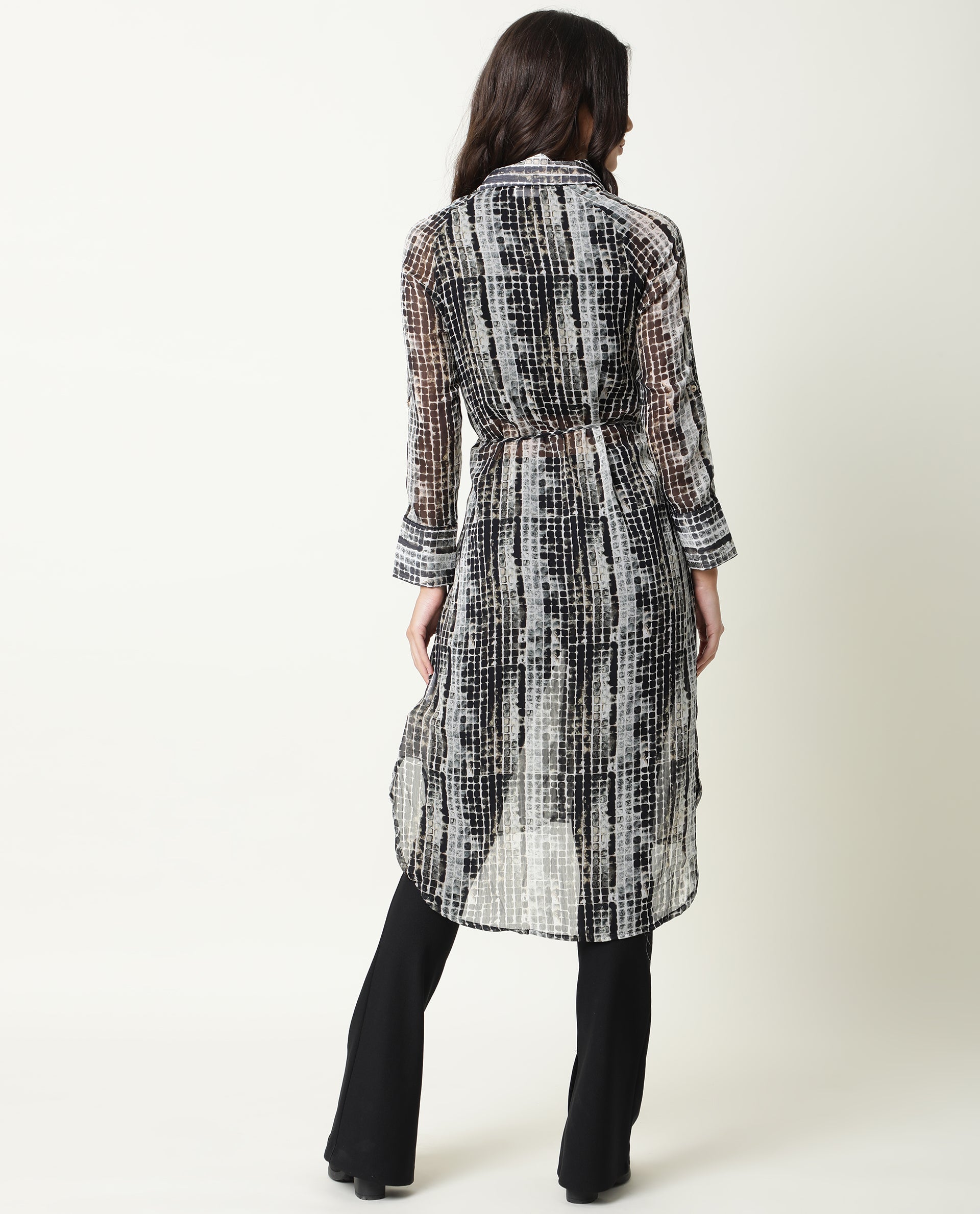 Rareism Women Ito Black Abstract Print Shirt Collar Full Sleeve Front Button Closure Placket Waist Tie Up Pocket Midi Dress