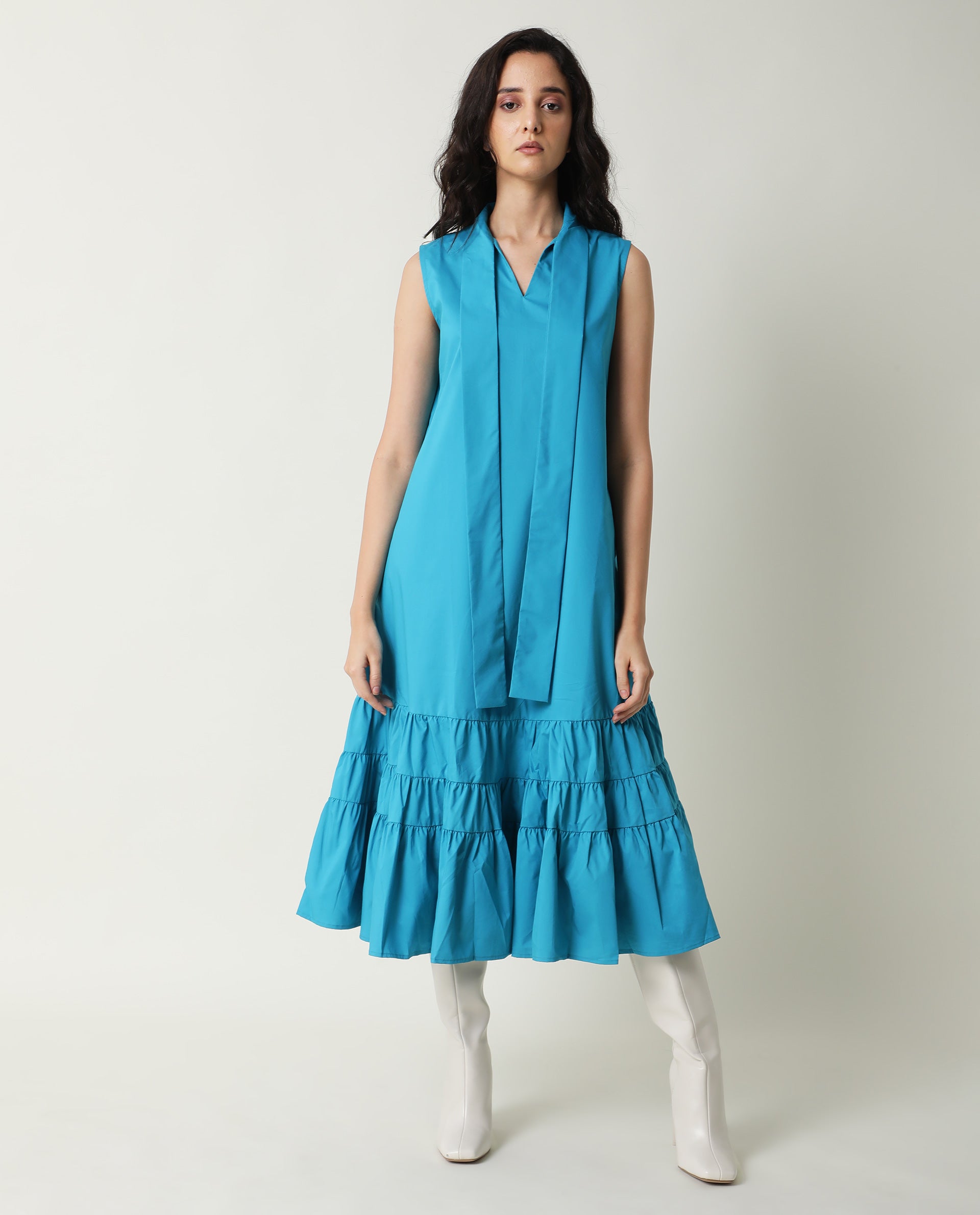 Rareism Women Gino Blue Tie Up Neck Sleeveless With Ruffled Hem And Pockets Maxi Dress